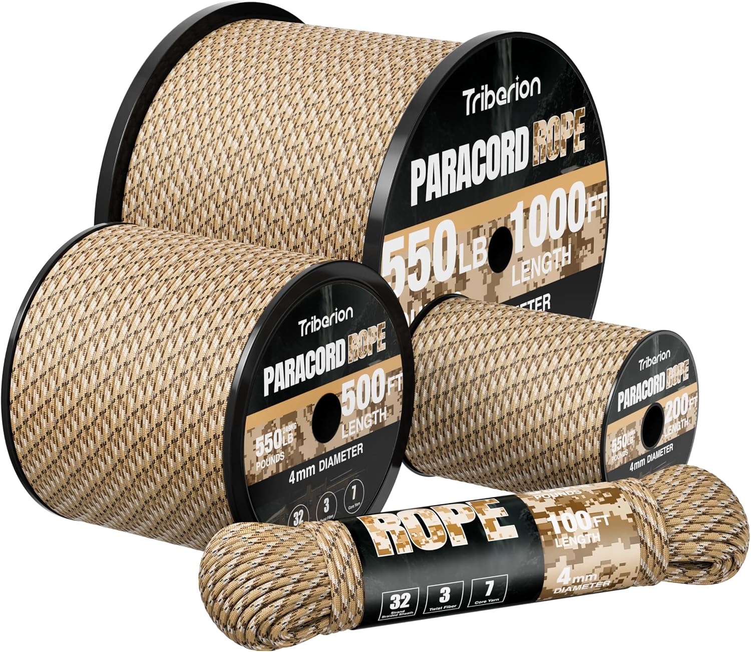 Detalle de Triberion 550lb-DesertCamo-1000ft Paracord Rope, 550 lb, 7-Strand
