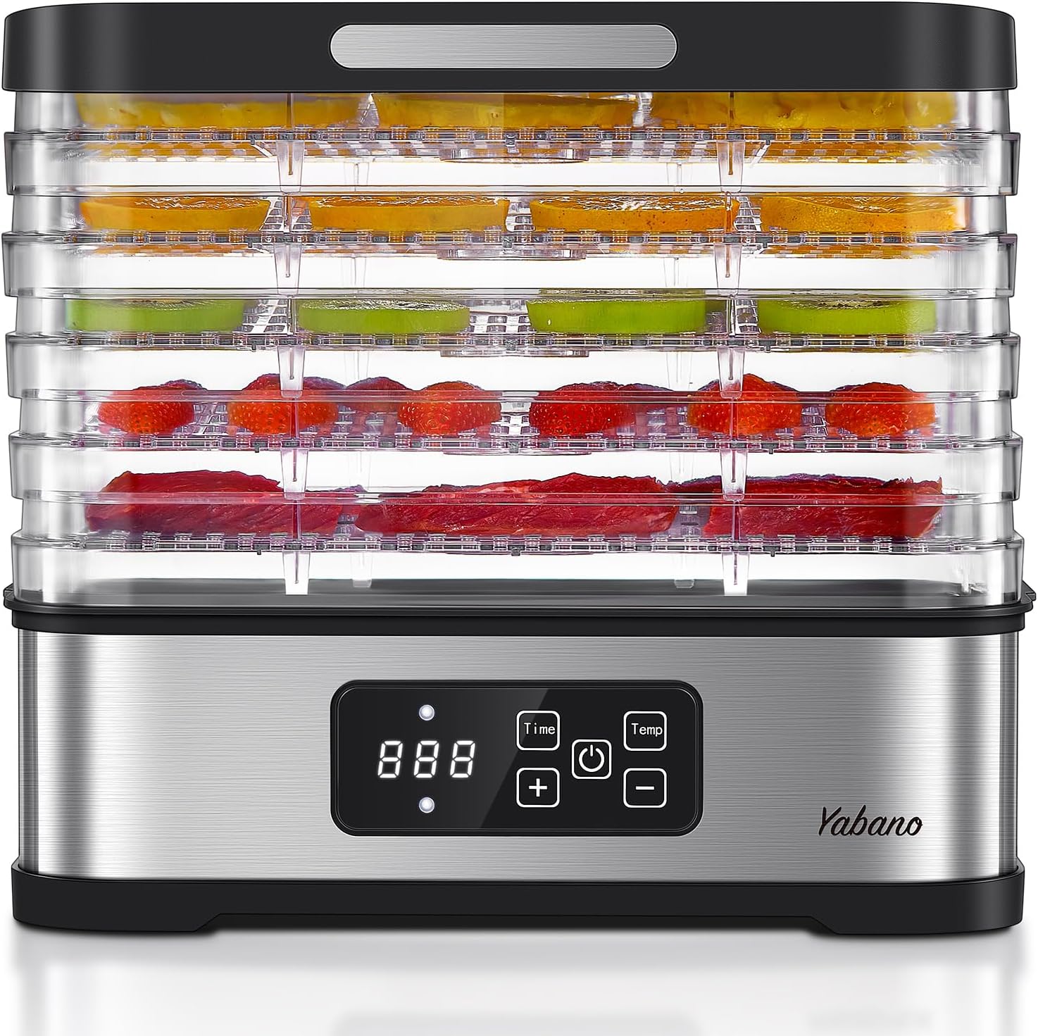 Detalle de Yabano GGJ-300B voedseldroger met 5 BPA-vrije trays en digitale timer