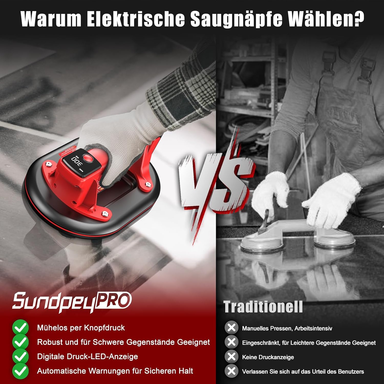 Thumbnail 4 de SundpeyPRO 2er-Set Akku Saugheber 10" – 300 kg Tragkraft, Glassauger mit 4× 3,0 Ah Akkus