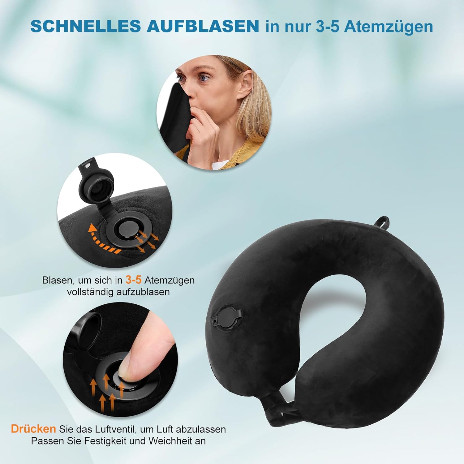 Detalle de Cirrorld Nackenkissen Flugzeug Aufblasbar – Reisekissen mit Augenmaske und Ohrstöpseln (Schwarz)