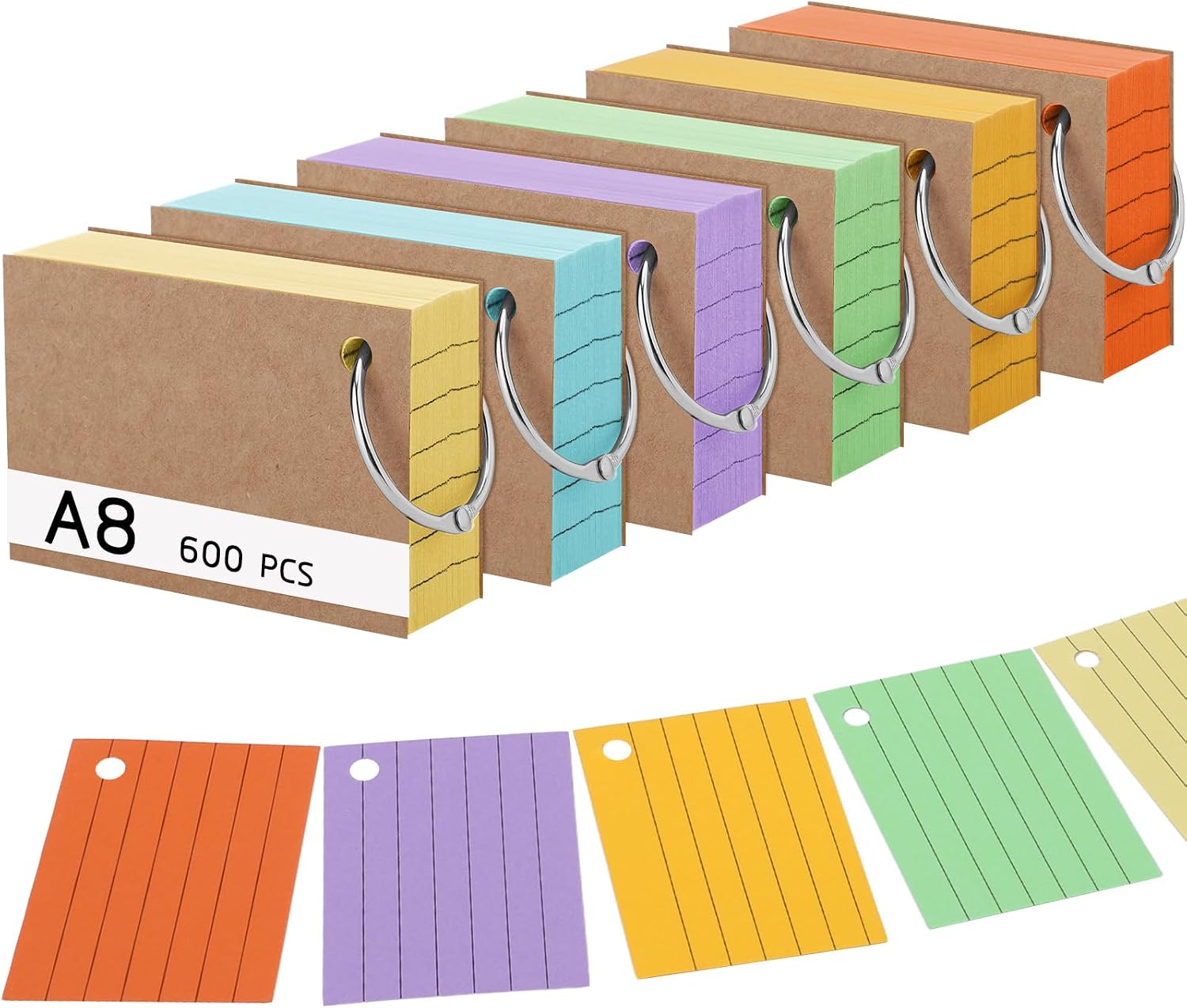 Detalle de Thboxes 600 farbige A8 Karteikarten (7,4 x 5,2 cm) liniiert mit Kraft-Einband und Losenblattringen