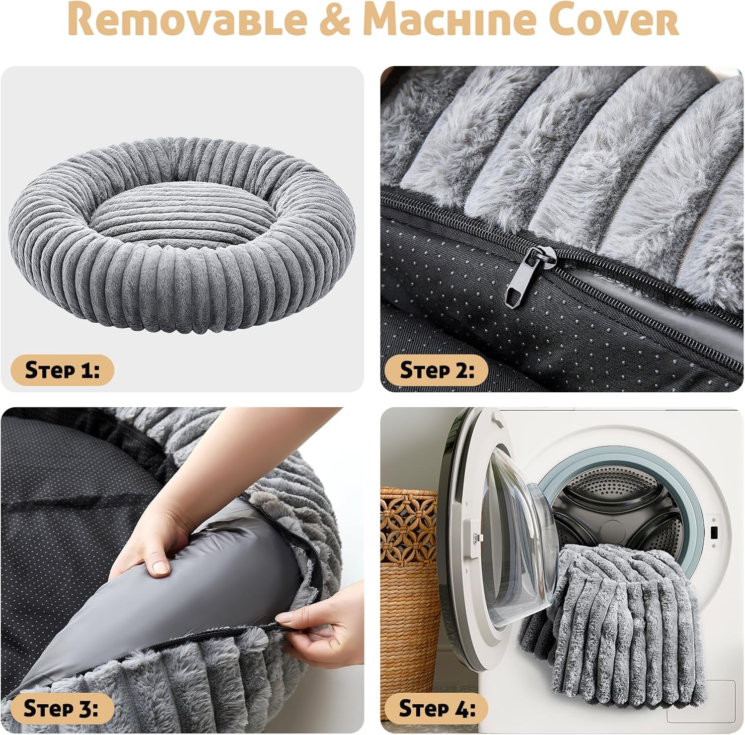 Thumbnail 4 de Oveppy Donut Dog Bed Large (Washable, Removable Cover) in Grey, 36x36x8 inches