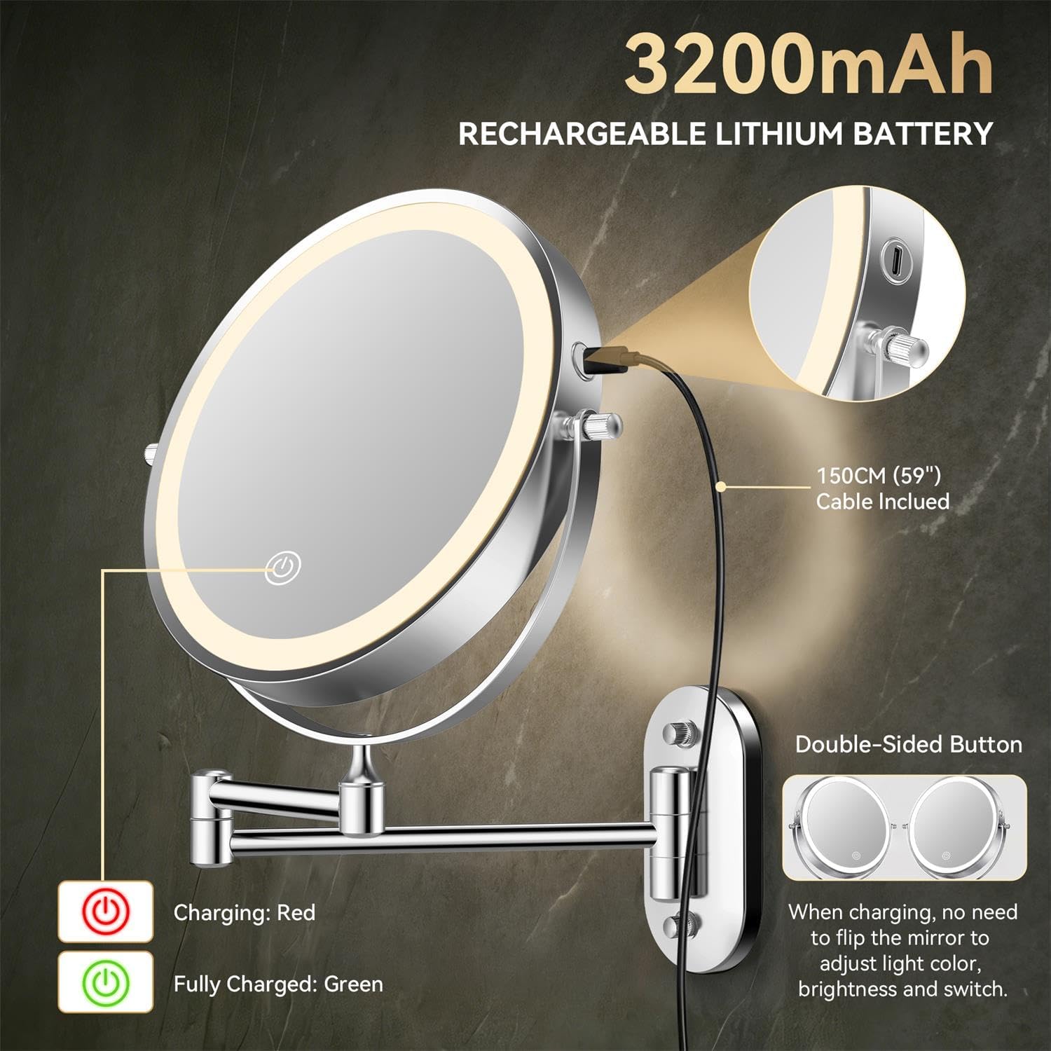 Thumbnail 2 de Auxmir 8" Wall Makeup Mirror 3200mAh ๐