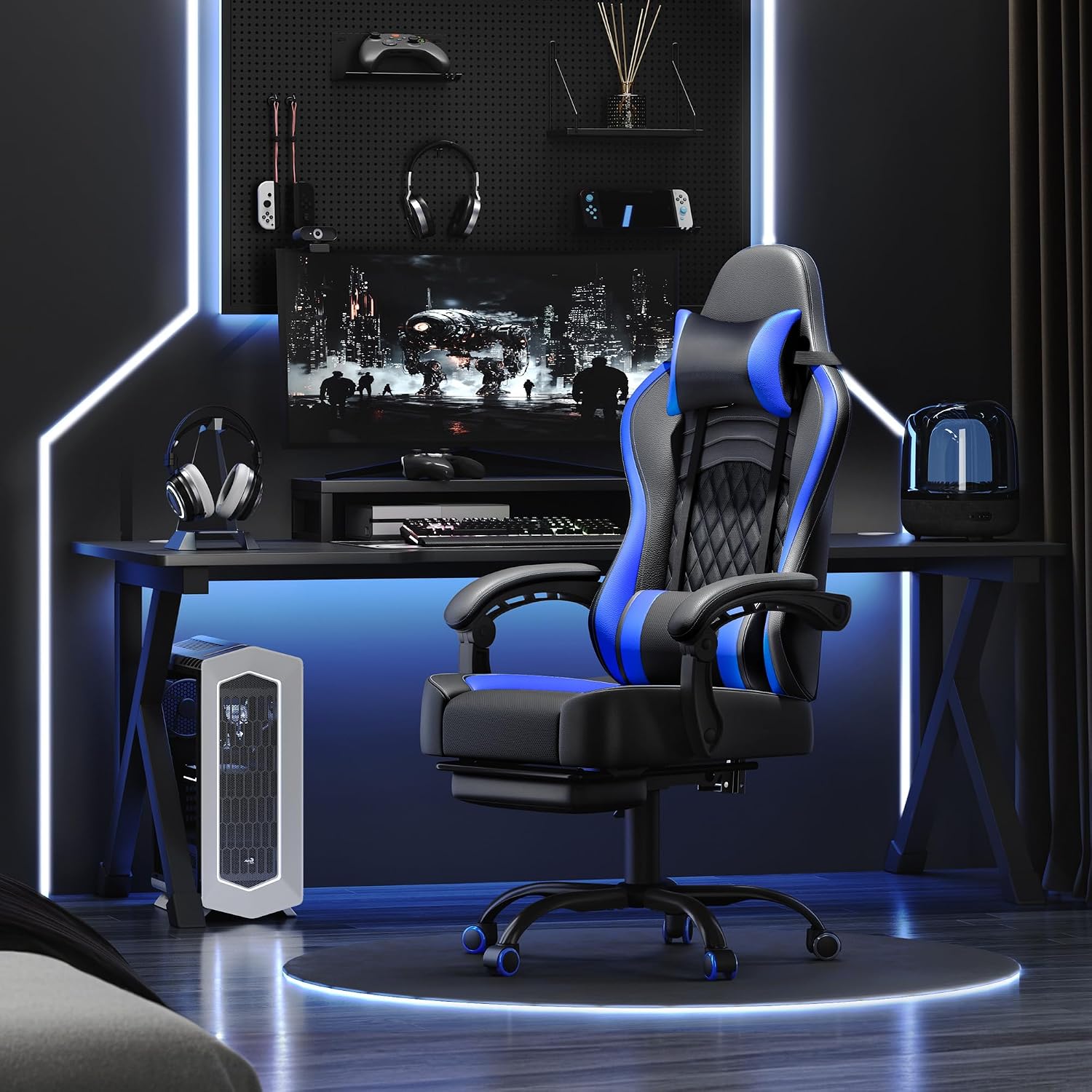 Thumbnail 1 de Yaheetech Sedia Gaming Ergonomica con Supporto Massaggio Lombare e Poggiapiedi Estraibile