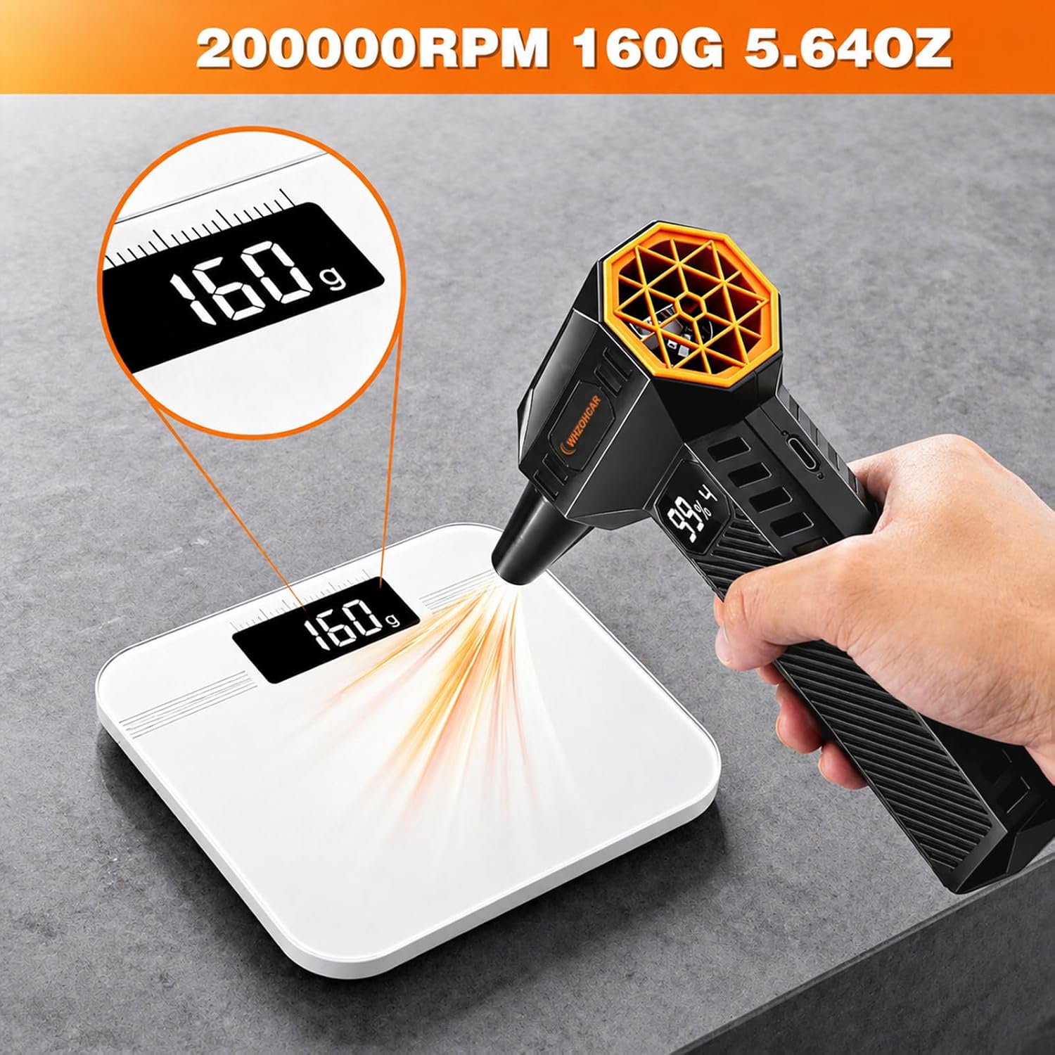 Detalle de WHZOHCAR C10 draadloze luchtblazer, 4 snelheden en 12.000 mAh