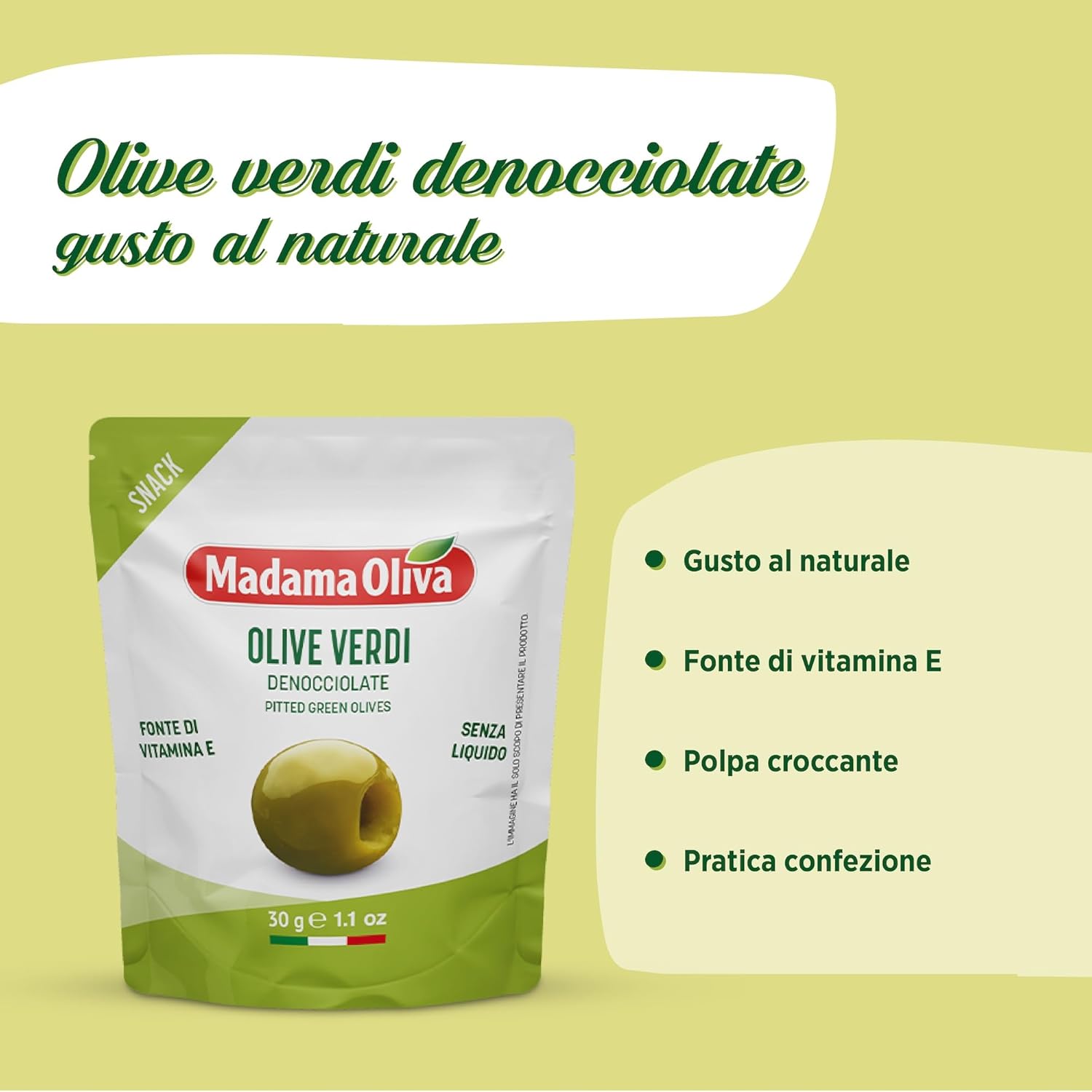 Detalle de MADAMA OLIVA Verdi Denocciolate Nocellara del Belice, 30 g – Box da 20 bustine