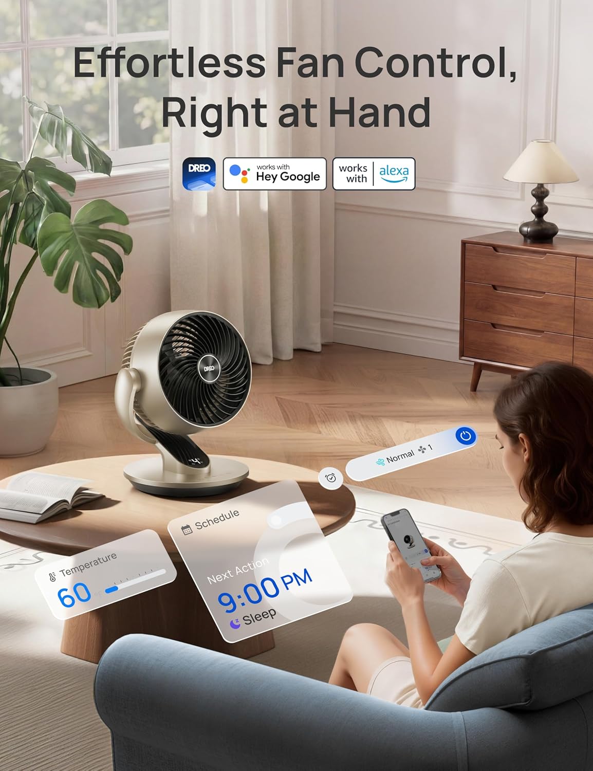 Thumbnail 5 de DREO Smart Desk Fan for Bedroom (Gold) – 70 ft Circulation, 120° vertical tilt, 90° horizontal oscillation, 4 speeds, 5 modes, 12H app timer
