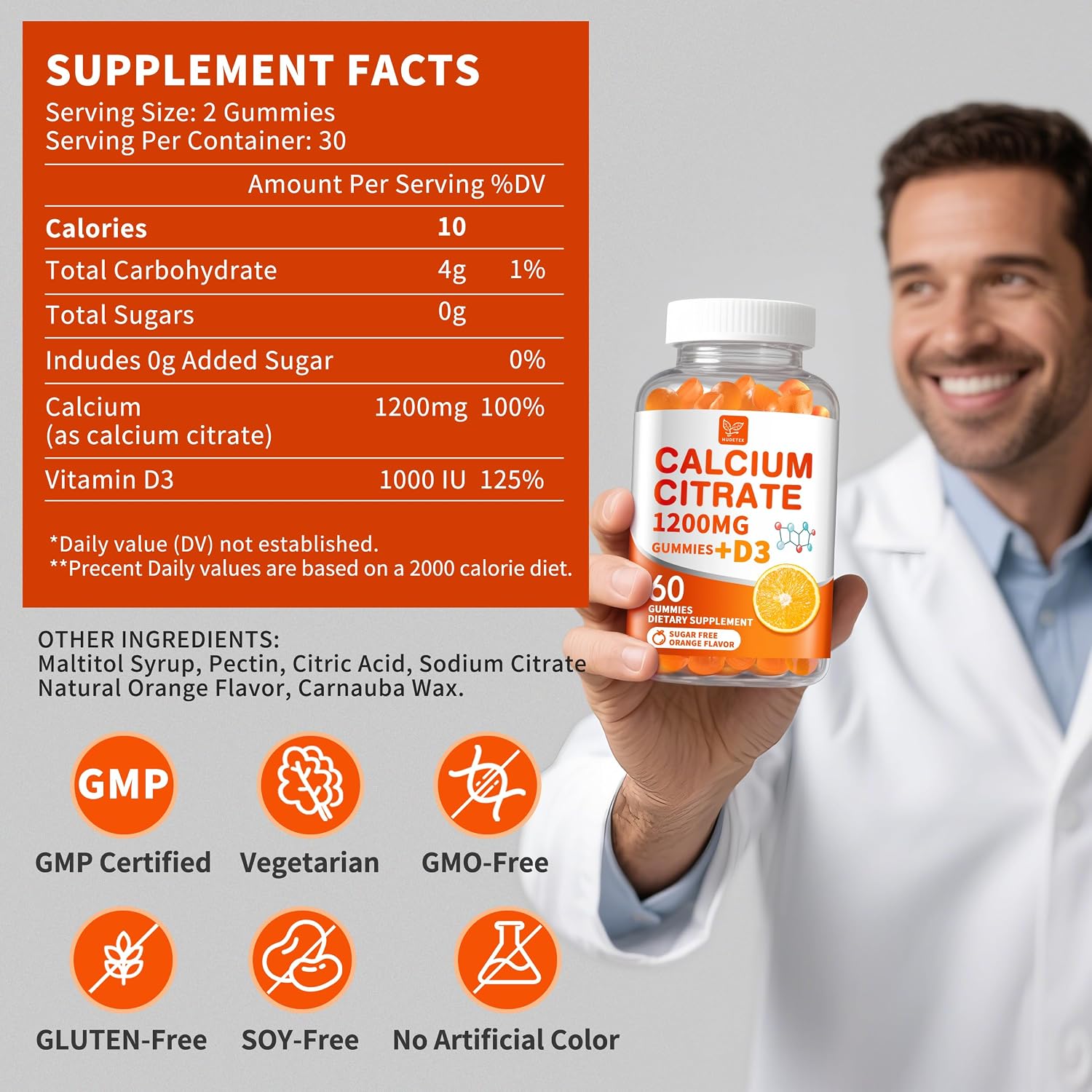 Detalle de Hudetex Model 1 Calcium Citrate Gummies with D3, Sugar-Free Orange, 2-Pack