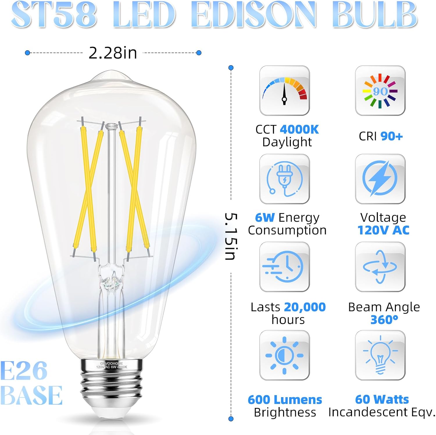 Thumbnail 1 de GvvooHome ST58 LED Edison Bulbs, 6W, 4000K, Clear Glass, 12-Pack