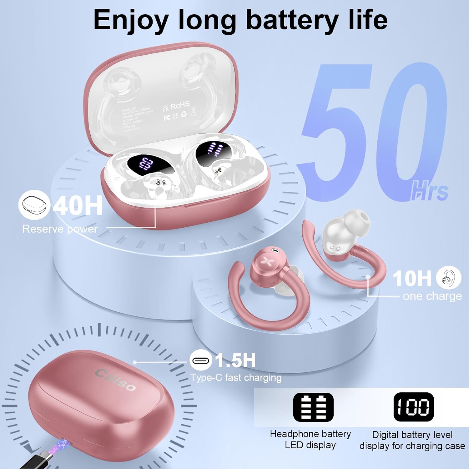 Detalle de Bluetooth Kopfhörer Sport, 2026 In Ear – IPX7, 60 h Spielzeit, LED Display, ENC, 14 mm Treiber