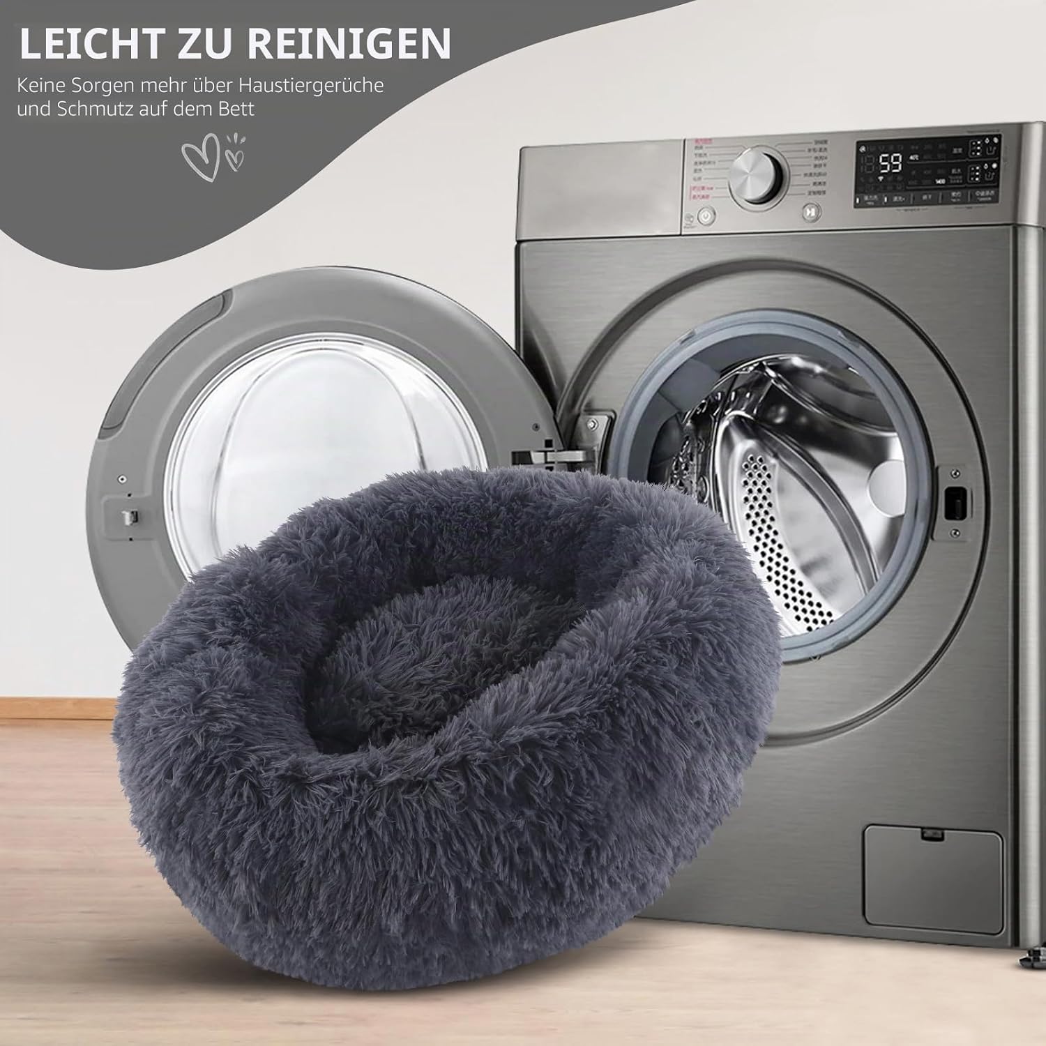Thumbnail 6 de BVAGSS Rundes Hundebett Donut Kuscheliges Haustierbett 60 cm – Flauschig Plüsch, wasserdichte Unterseite, dunkelgrau