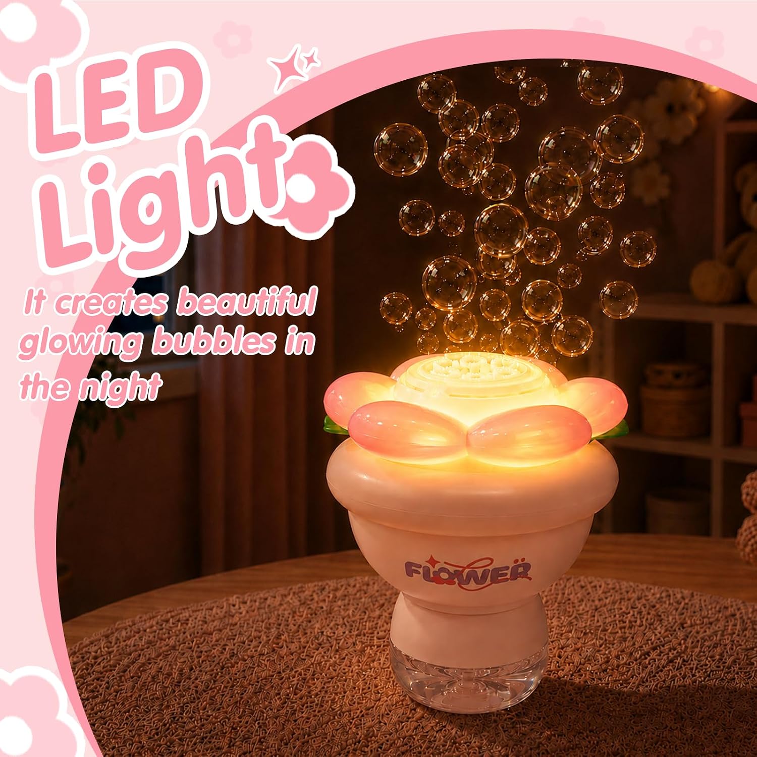 Detalle de PANACARE Blumen Seifenblasenmaschine – Automatische Bubble Machine mit LED-Blüten, Akku, 10000+ Blasen/Min., für Kinder