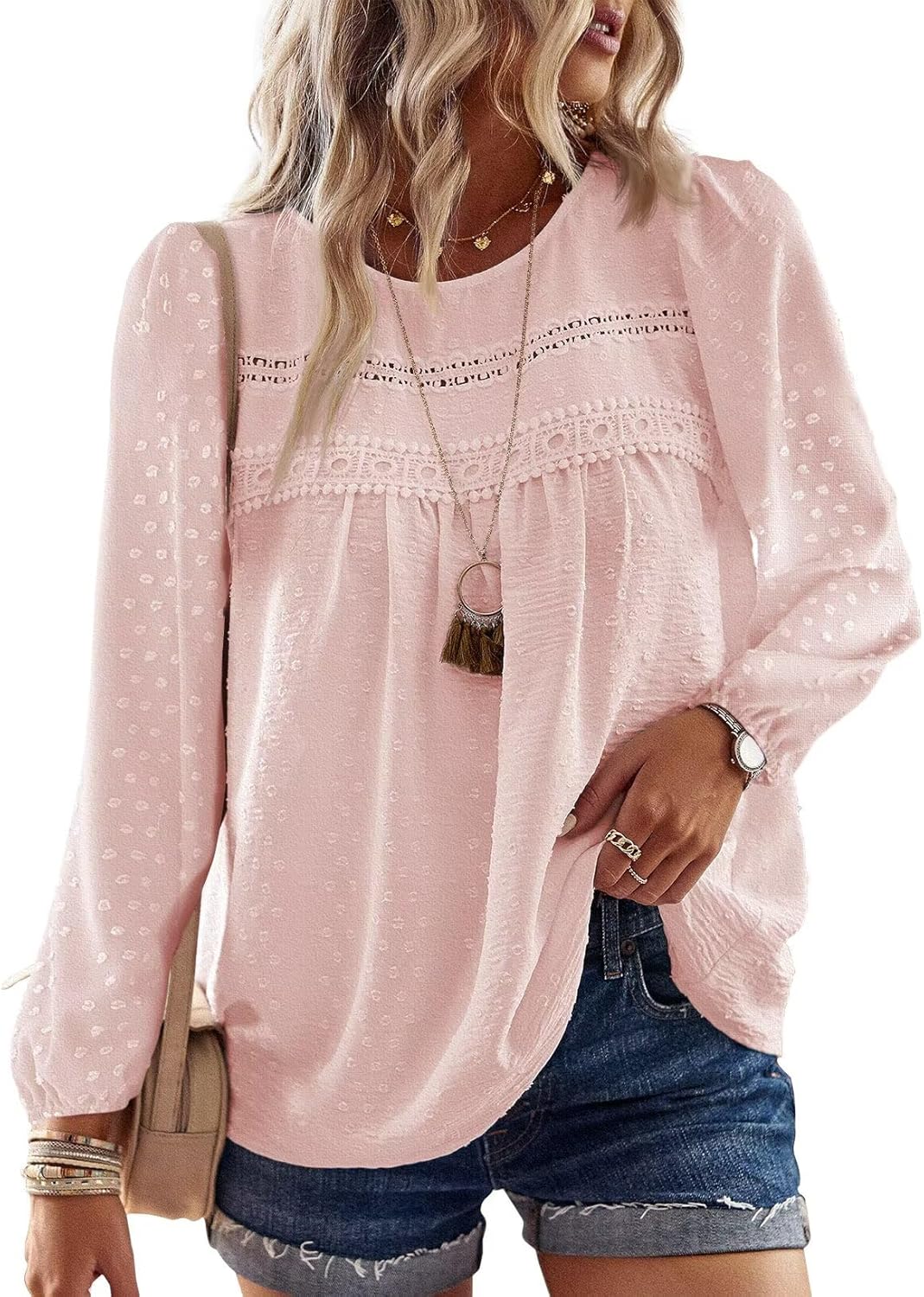 Detalle de TUUHAW Women’s Boho Crochet Lace Round Neck Long Sleeve Top