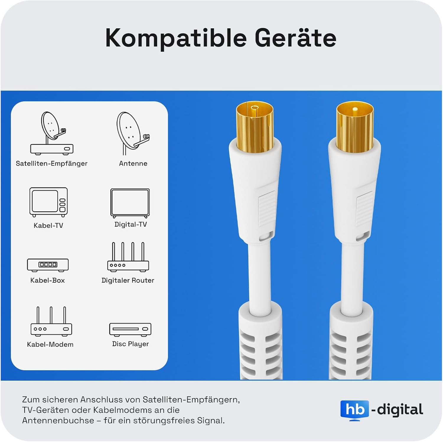 Detalle de HB-DIGITAL TV Antennenkabel 10 m – Koaxialkabel für UHD/4K/8K, mit Mantelstromfilter & 2× Ferritkern