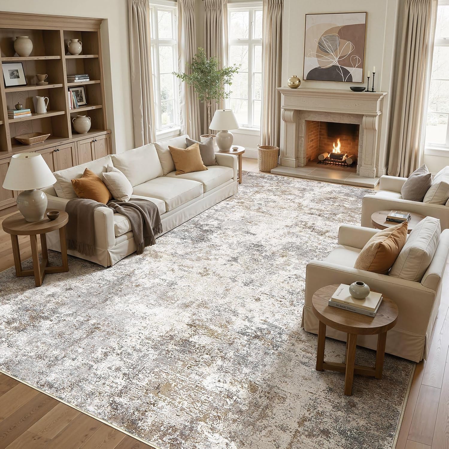 Thumbnail 2 de UERMEI 10x12 Neutral Abstract Washable Area Rug with Non-Slip TPE Backing (Brown/Gray)