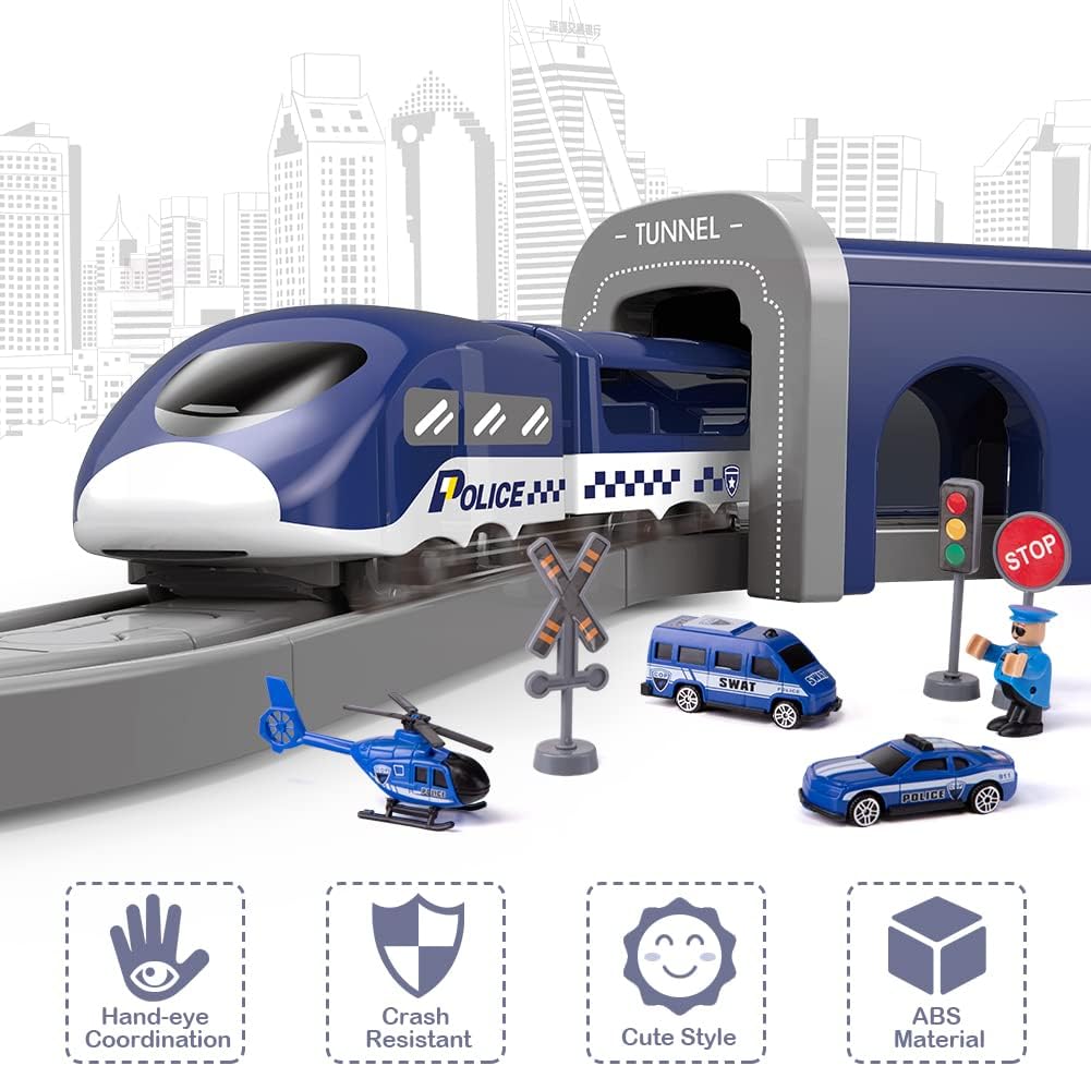 Detalle 2 de XIAPIA Deluxe Electric Train Set (66 pcs) with Magnetic Couplings, Tunnel/Bridge Track & Police Theme