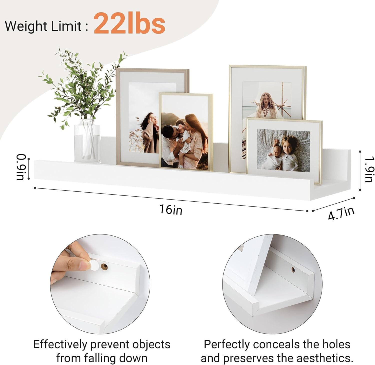 Detalle de Feihorrm Schweberegale 16-Inch Floating Shelves, White, 4.7-Inch Deep, 2-Pack