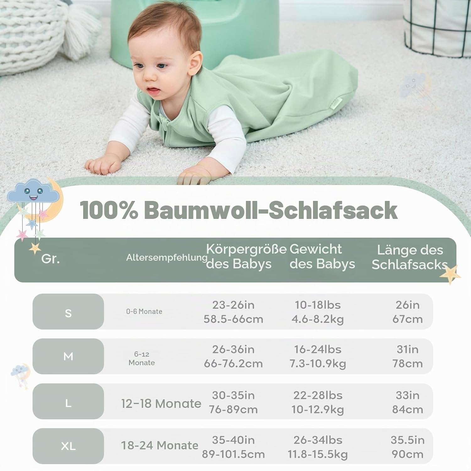 Detalle de Yoofoss Schlafsack Baby Sommer 0.5 Tog – 2er-Pack, 67 cm, 100% Bio-Baumwolle