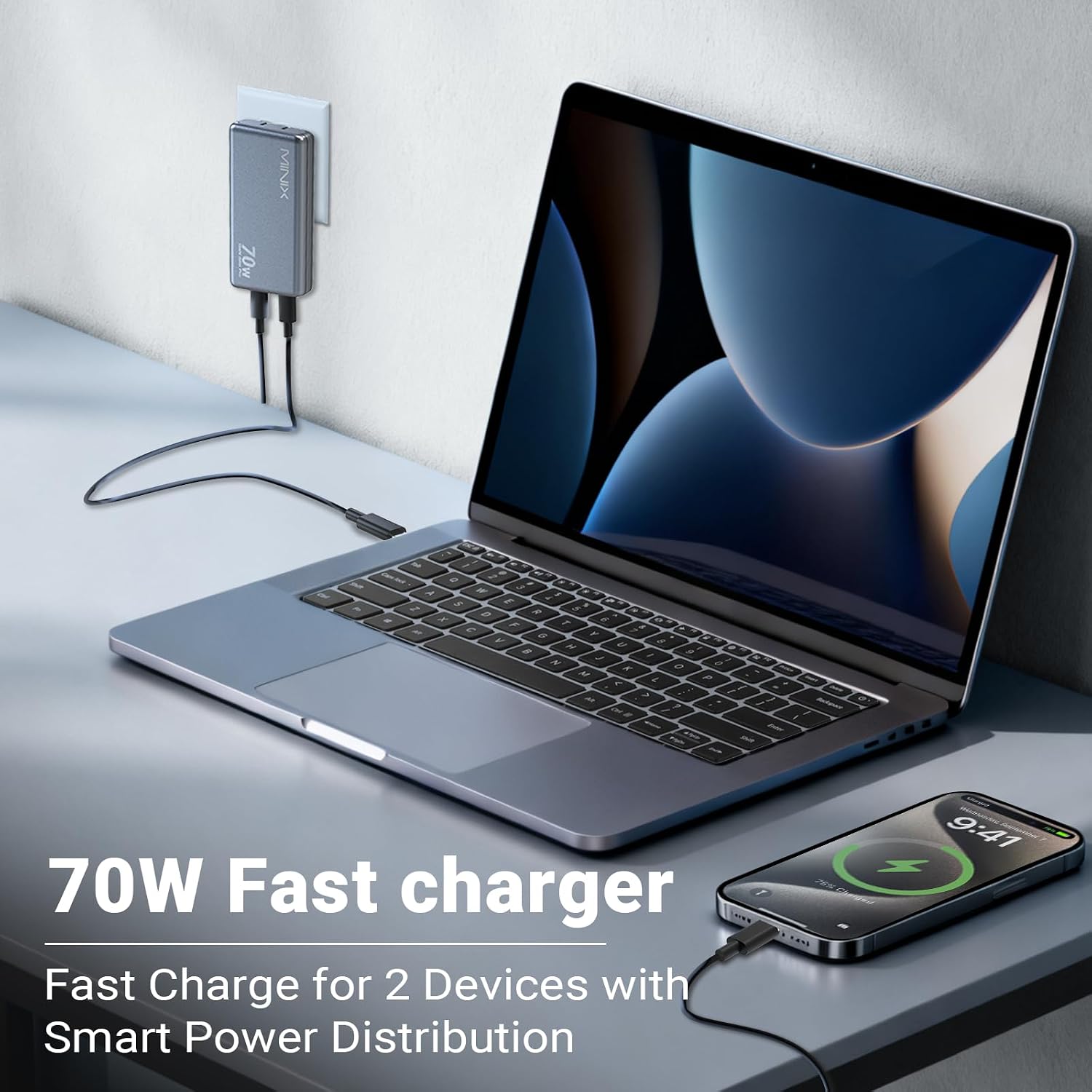 Detalle de MINIX PST-70C2-LB-SL 70W Flat USB-C Charger, Dual-Port GaN