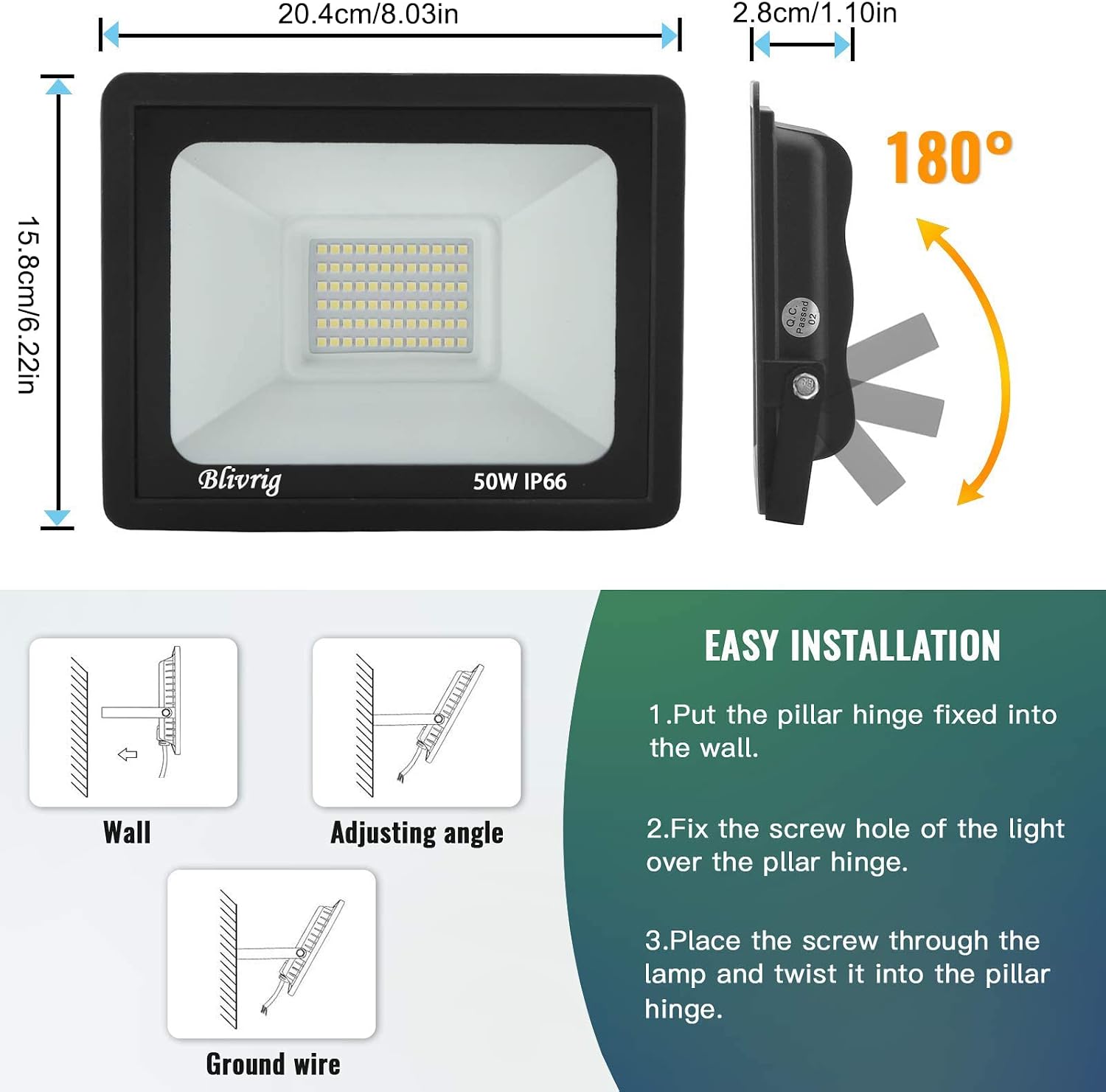 Detalle de Blivrig 50W Faretto LED Esterno Bianco Caldo 3000K – IP66, 120° 5000 lm