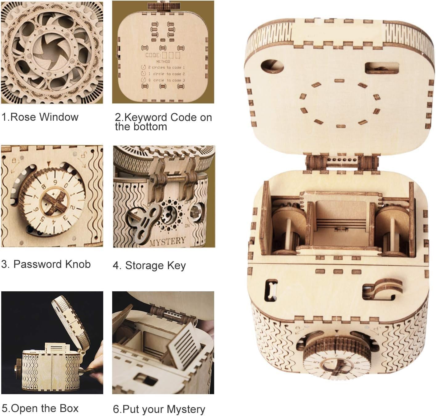 Detalle de ROBOTIME Treasure Box wooden model building kit – laser-cut 3D puzzle for adults