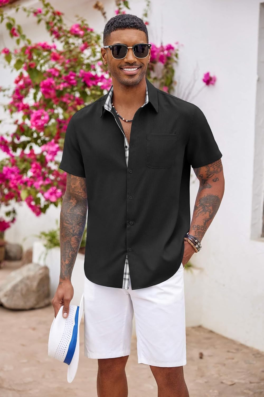 Detalle 2 de COOFANDY Men’s Short-Sleeve Button-Down Shirt with Chest Pocket (Plaid Beach/Holiday Style)