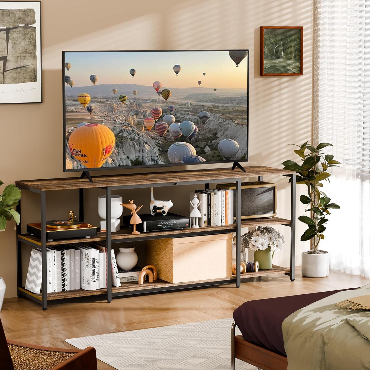 Detalle de Aquzee TV Stand for 65 Inch TV – Rustic 58.3" Wide Entertainment Center with Open Storage