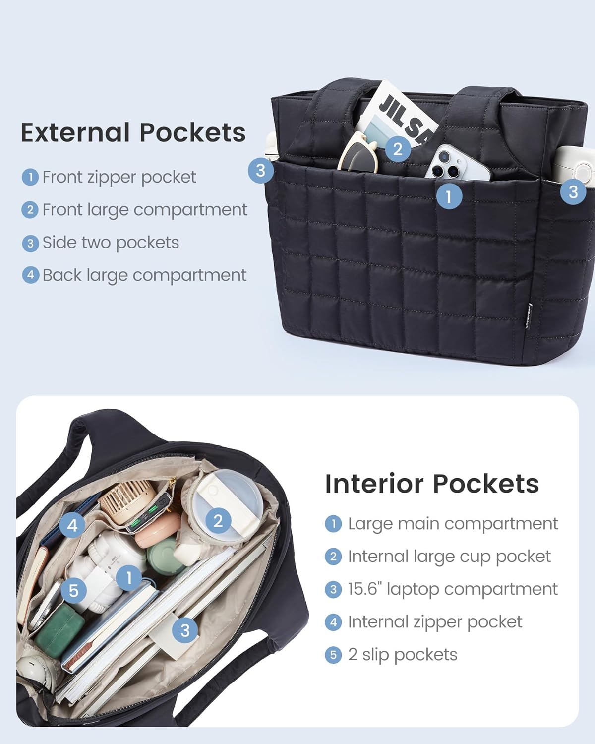 Detalle de LOVEVOOK Damen Shopper Handtasche mit 15,6" Laptopfach – große Puffer Tote Bag mit Wasserflaschenfach