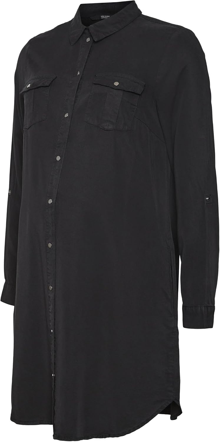 Detalle de VERO MODA VMSIGGA Jeanskleid für Damen (Maternity) – kurzes Hemdblusenkleid mit Knopfleiste