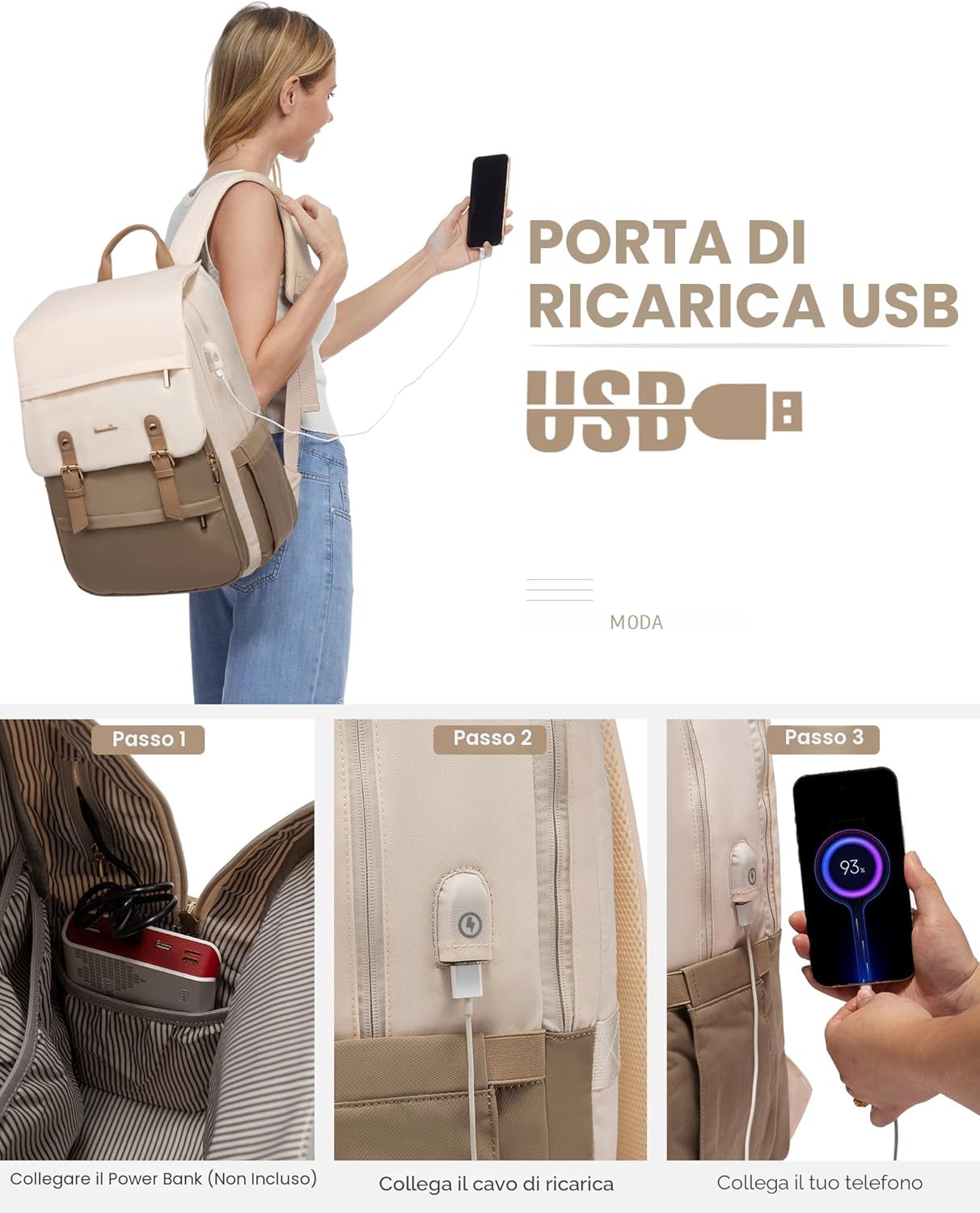 Detalle de LOVEVOOK Zaino Porta PC Donna 15,6" Impermeabile: design classico, sicurezza antifurto e porta USB