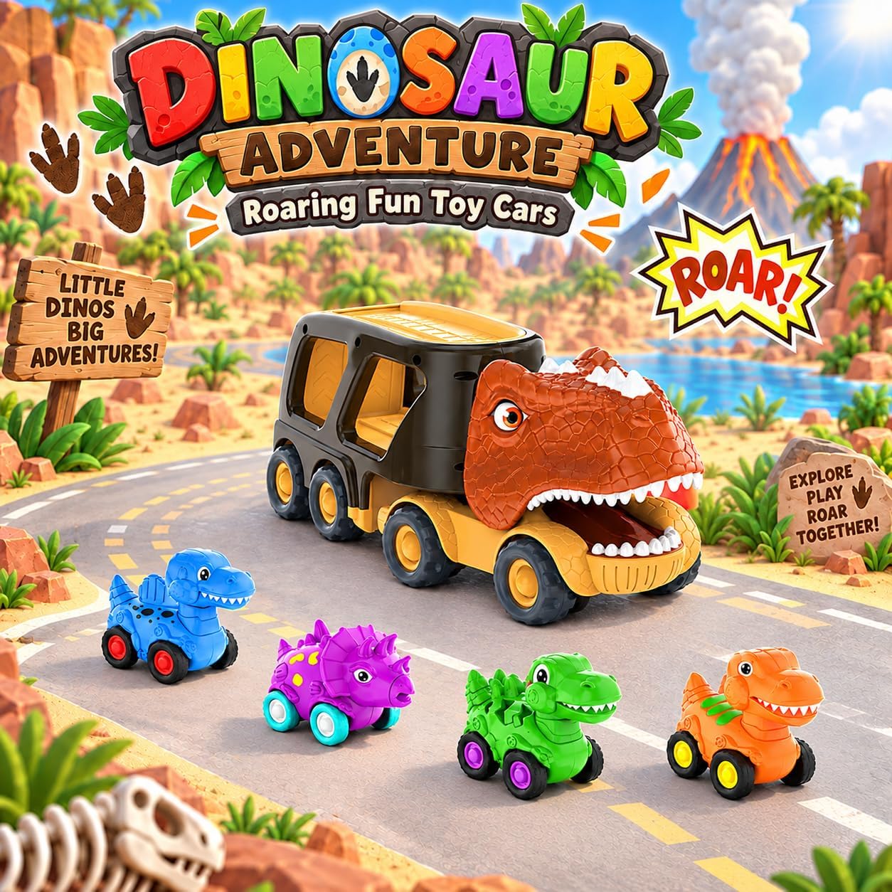 Detalle de Veslier 559A8 Dinosaur Truck Toy with 4 Pull-Back Cars, Lights and Sound