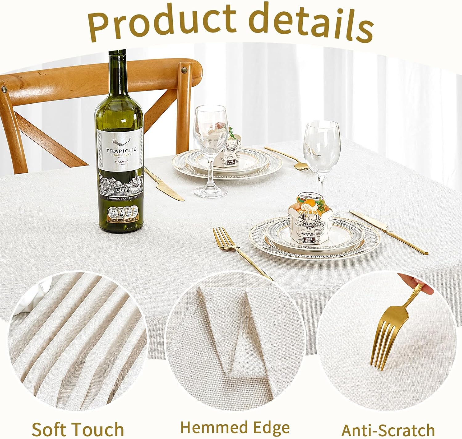 Thumbnail 2 de Tischdecke abwaschbar 100x140 cm in Leinen-Optik aus Polyester – wasserabweisend für Esszimmer, Balkon & Garten (beige)