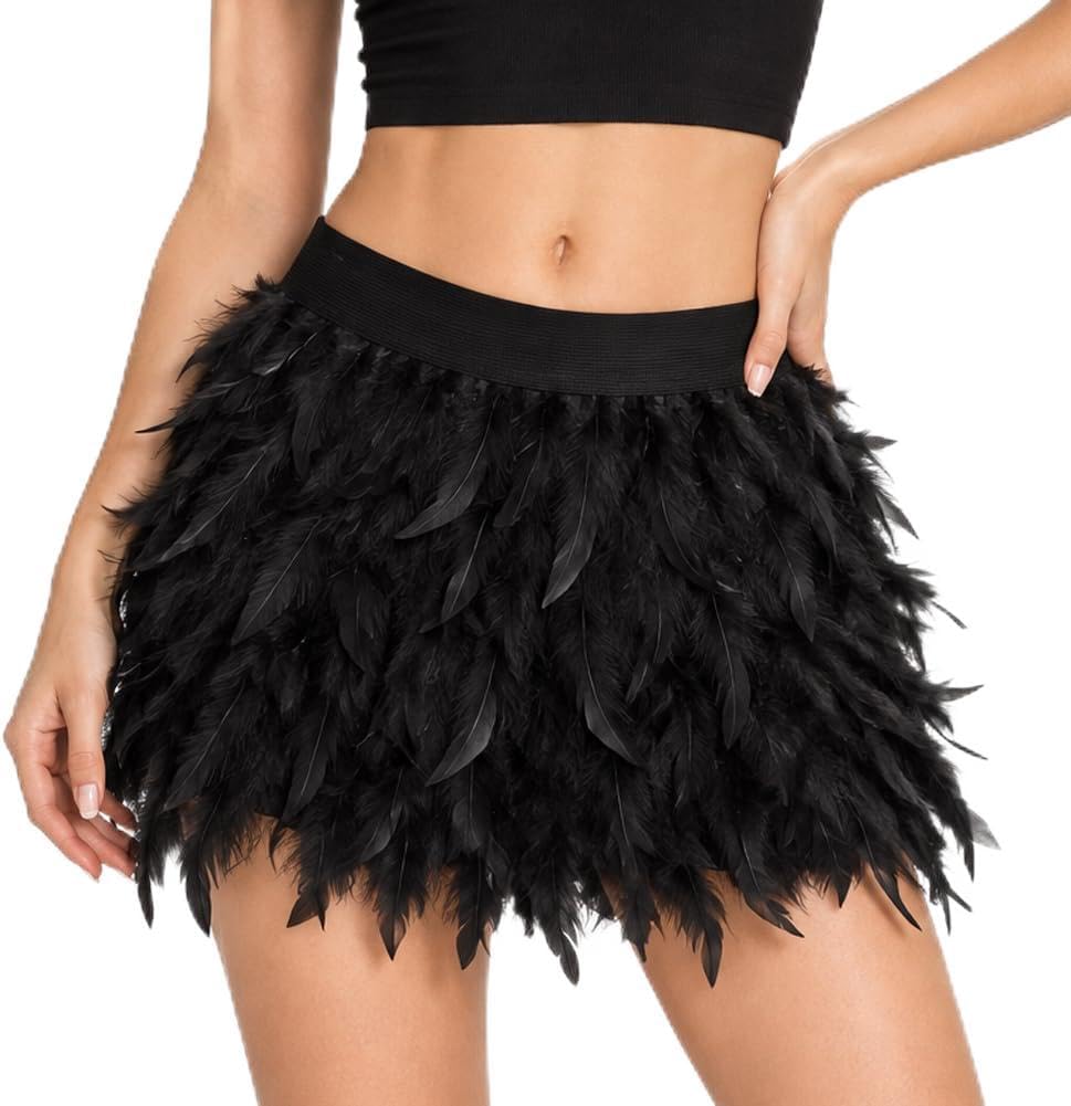 Detalle de AOOWU Masquerade Feather Mini Skirt, Gothic Raven-Wing Costume