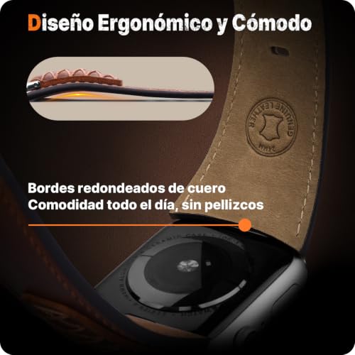 Detalle de Fullmosa Correa de Cuero para Apple Watch Ultra 3/2/1 y Series 11-1 (49mm-42mm) – Marrón con Acabado Plata