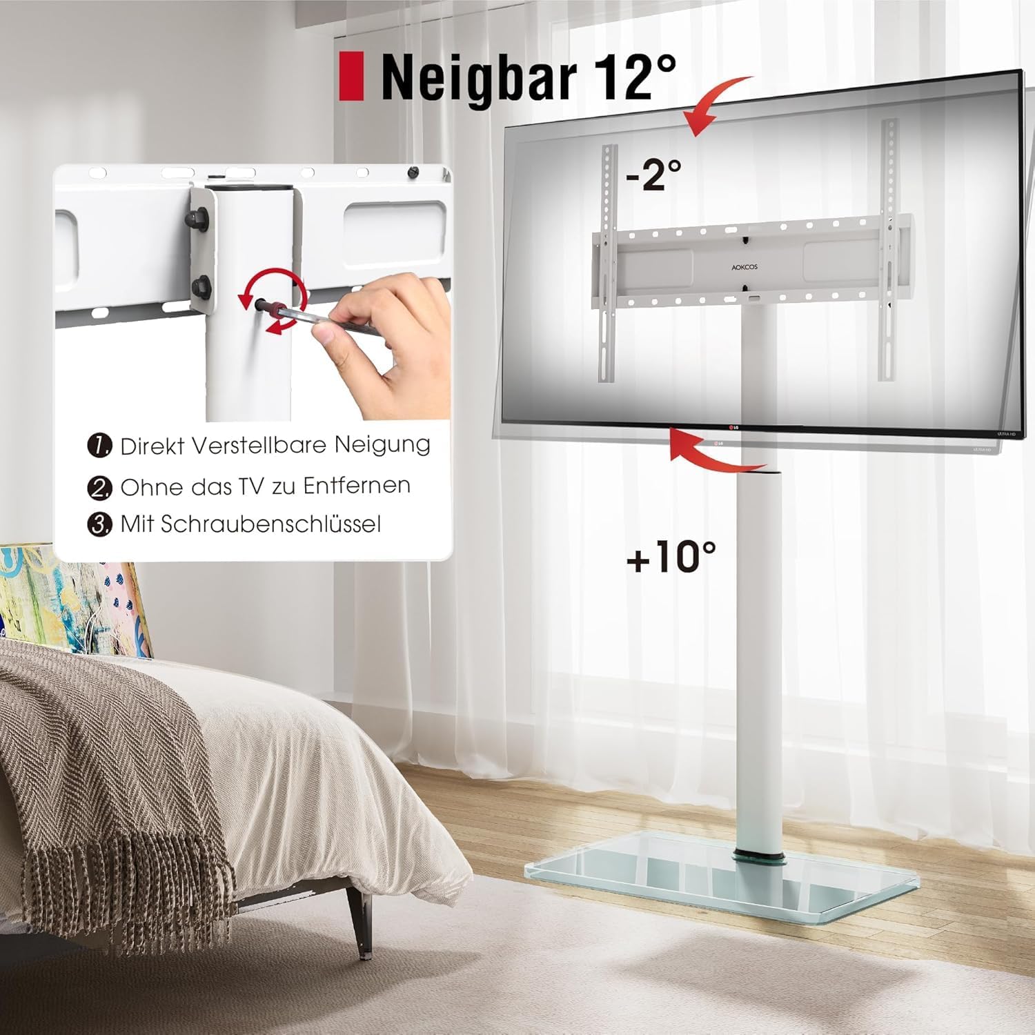 Thumbnail 1 de AOKCOS TV Ständer Bodenständer 1,6 m für 43–85 Zoll Fernseher – Neigbar, Schwenkbar, VESA 600x400, max. 50 kg, Weiß
