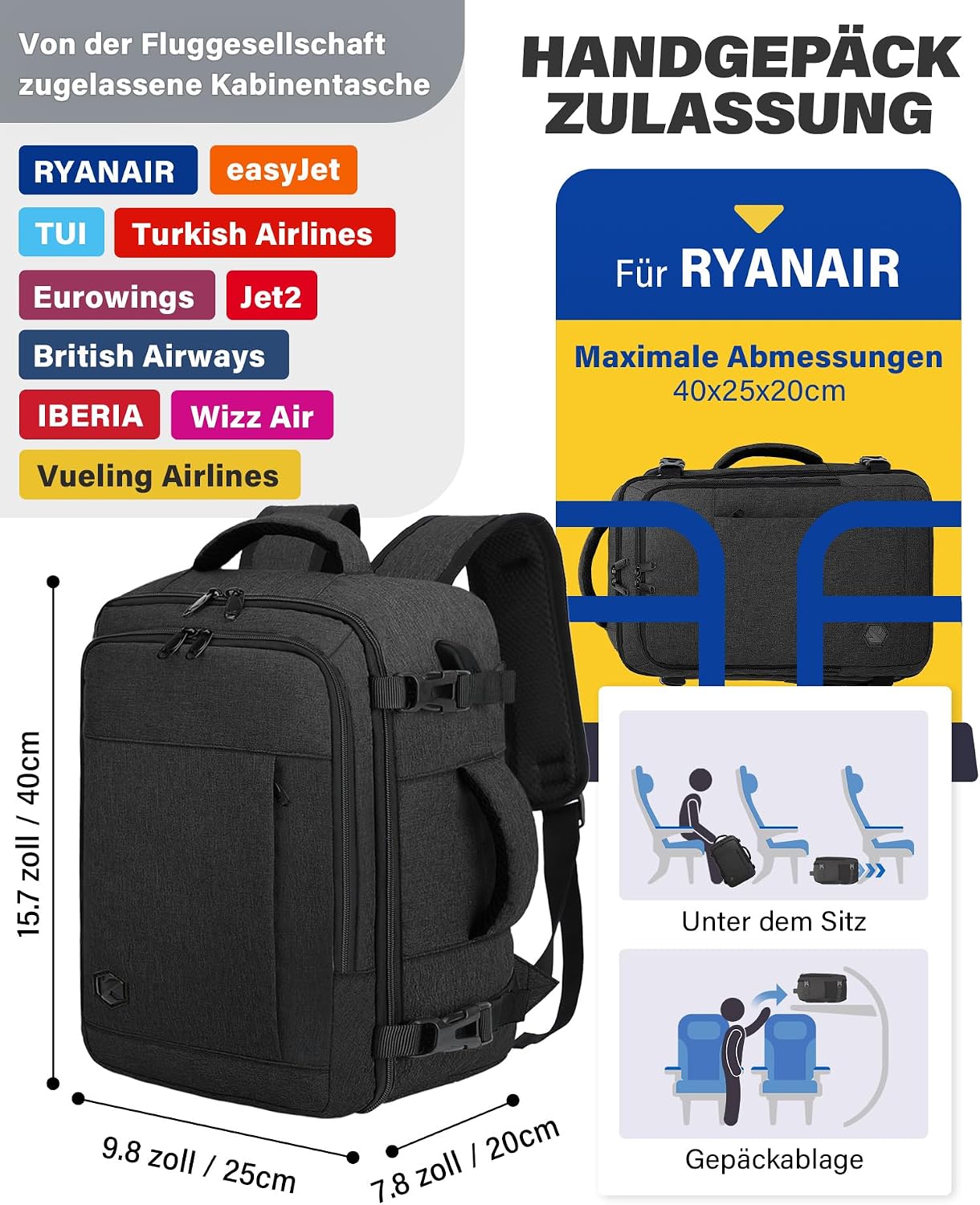 Detalle de VANKEV Ryanair Handgepäck Rucksack 40x20x25