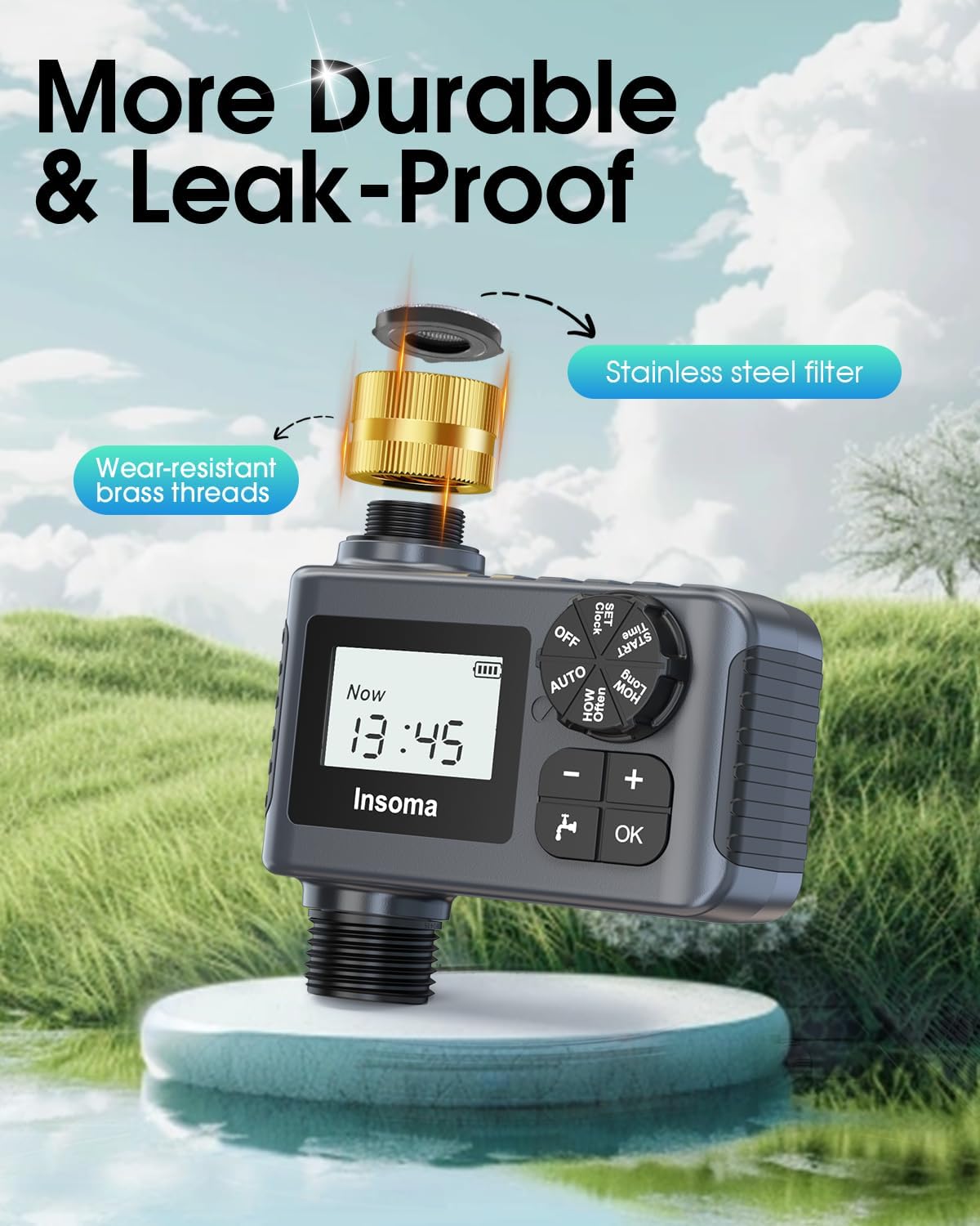 Detalle 2 de Insoma Water Timer for Outdoor Garden Hose with Rain Delay, Manual Mode & LCD