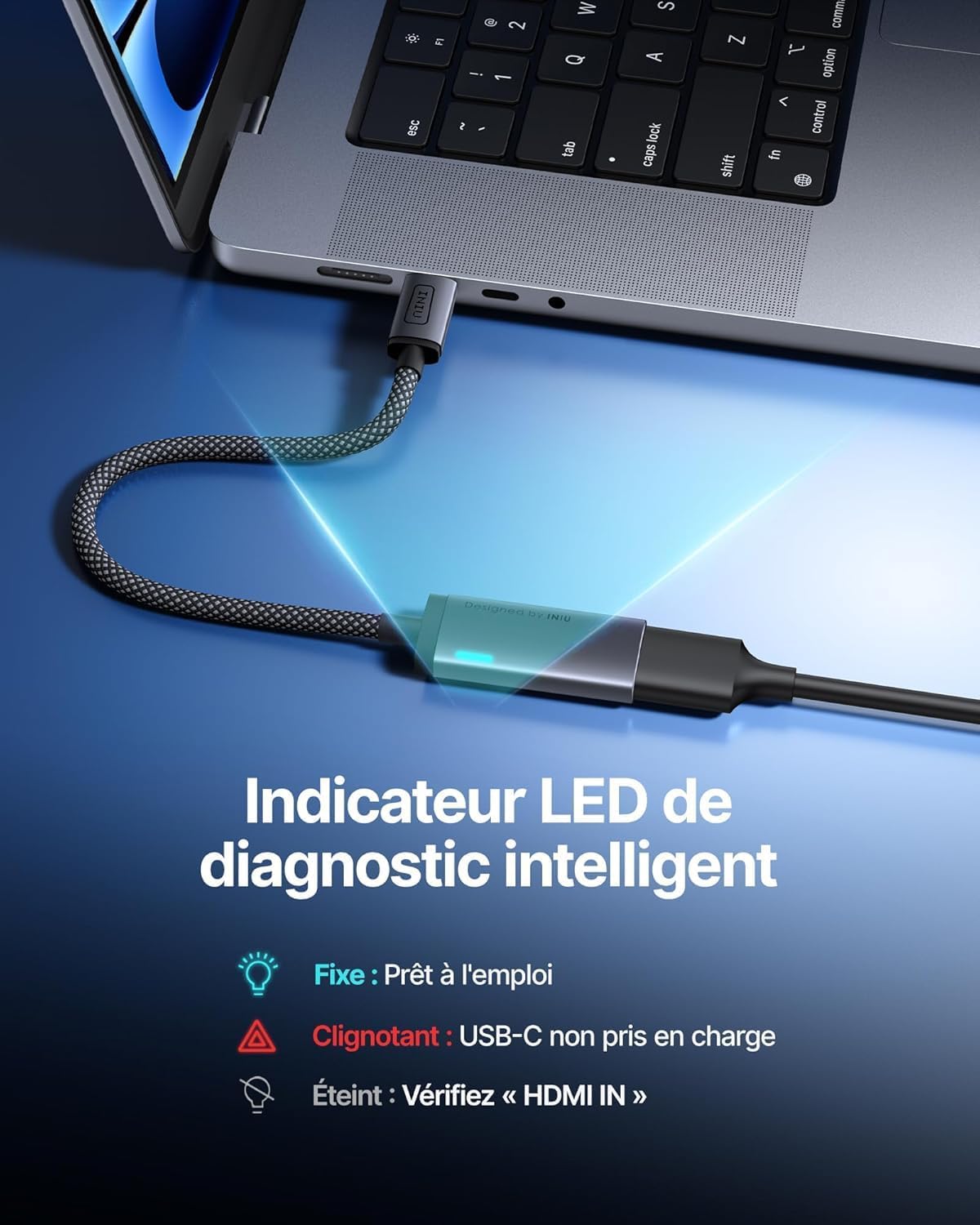 Detalle de INIU USB C to HDMI Adapter with Smart Diagnostic LED — 4K@60Hz, Original HDMI Certified