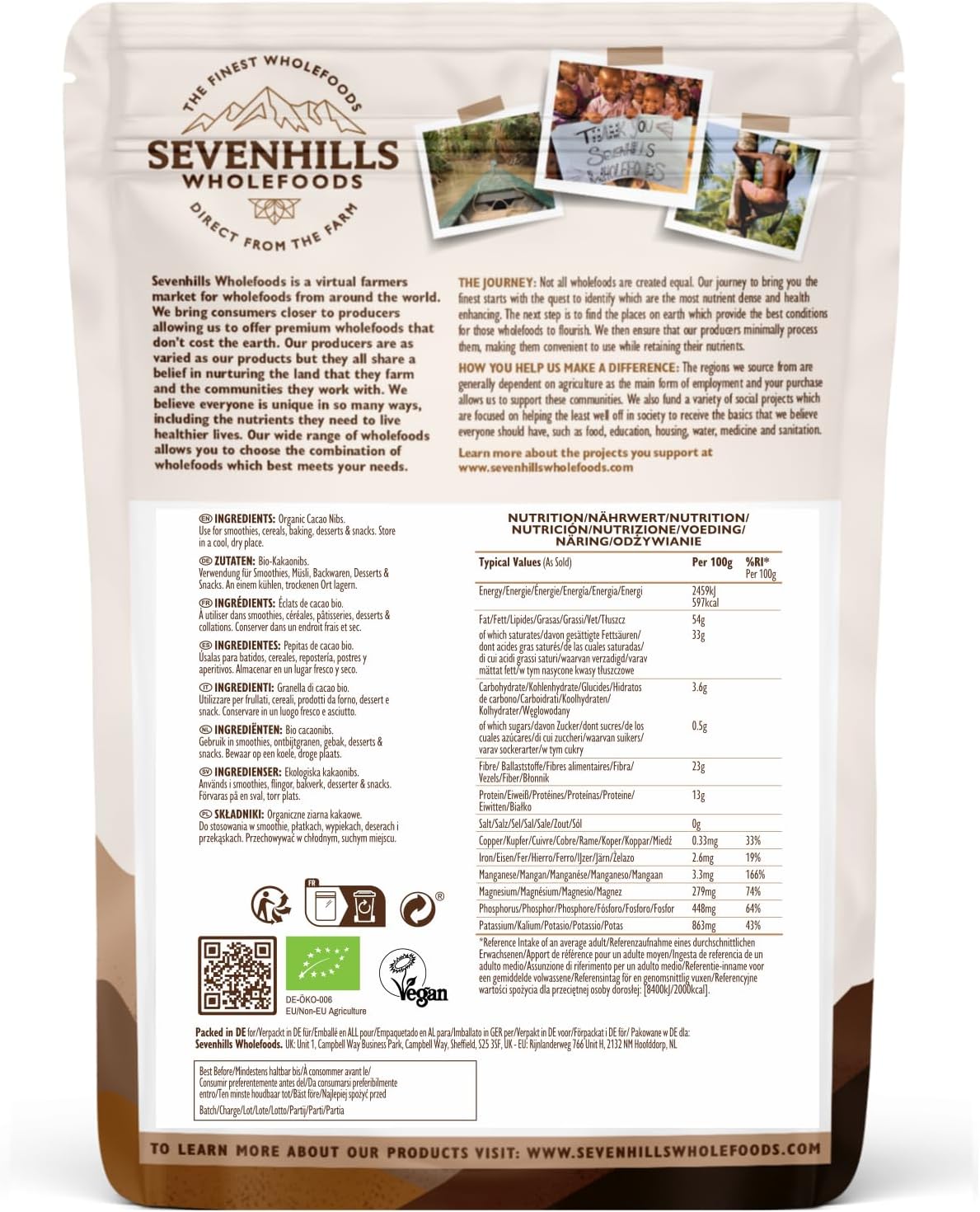 Detalle 2 de Sevenhills Wholefoods GruĂ© de cacao 500g đ«