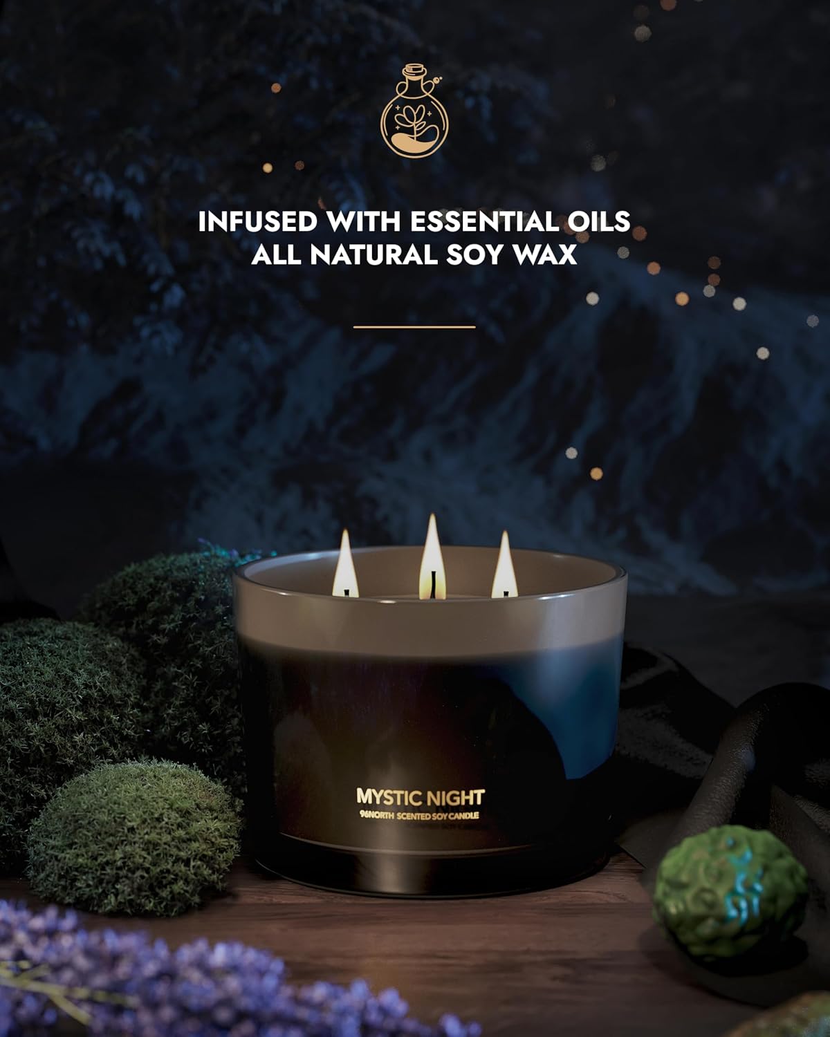 Detalle 2 de 96NORTH NIGHT1306 Mystic Night 3-Wick Soy Candle in Black Glass Jar