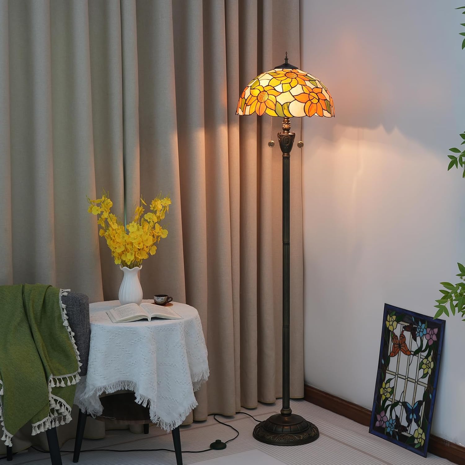 Thumbnail 3 de Blivuself Tiffany Sunflower Yellow Stained Glass Floor Lamp