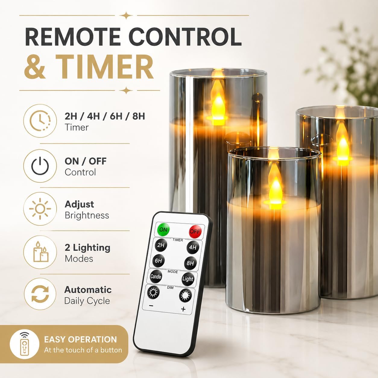 Detalle de YMing flameless LED candles set (4"/5"/6") with remote and timer – real-wax style, gold glass pillars