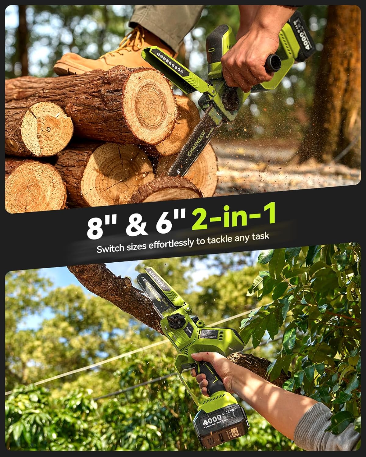 Detalle 2 de 8-Zoll & 6-Zoll Mini-Kettensäge mit 1300 W und 8000-mAh-Akku (für Äste, Holz) – 1-Hand Akku-Säge