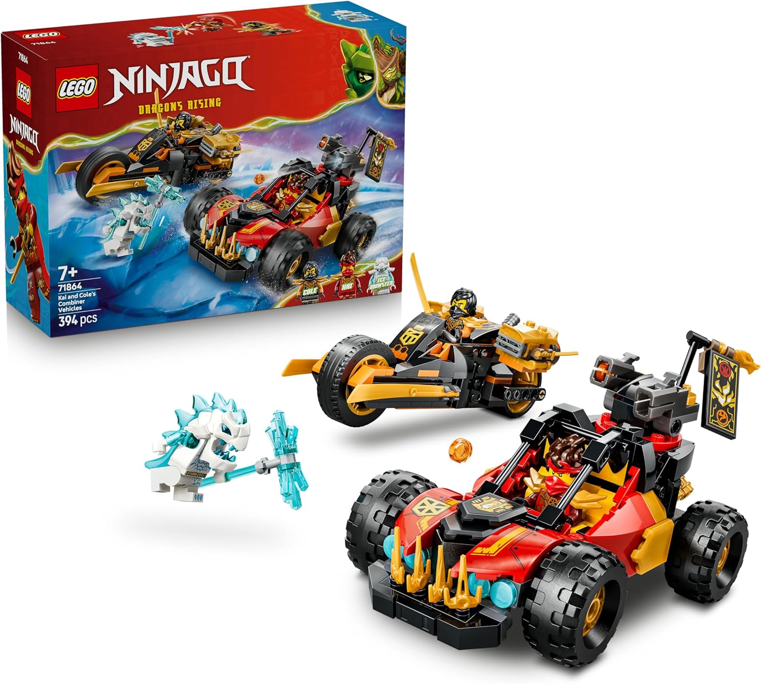 Detalle de LEGO NINJAGO Kais und Coles Kombi-Flitzer (71864) – Ninja Spielset mit zwei Fahrzeugen, drei Minifiguren inkl. Kai & Cole