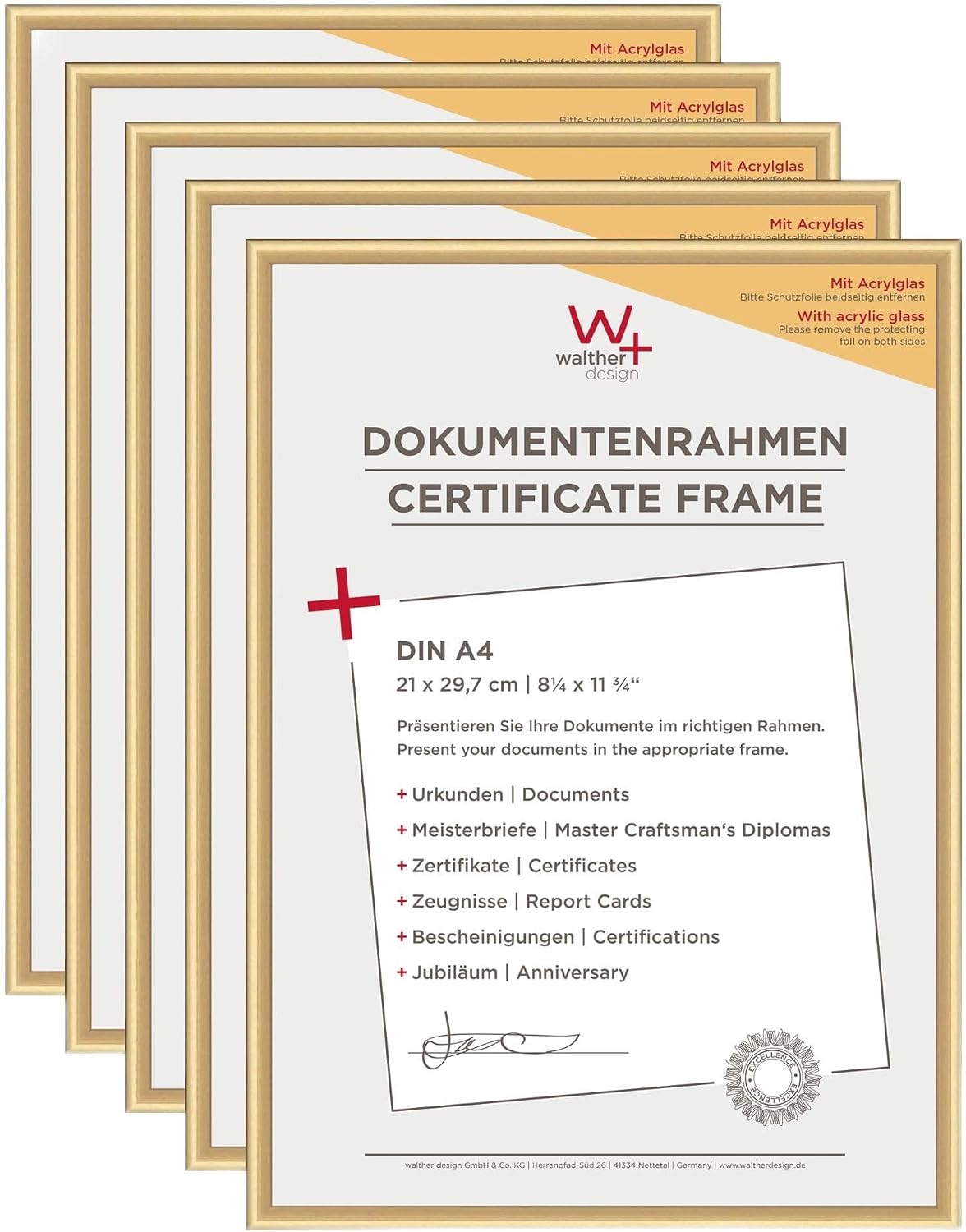 Detalle de Walther Design Cadre photo doré DIN A4 21 x 29,7 cm avec verre acrylique incassable – New Lifestyle KVX130G5 (5 pack)