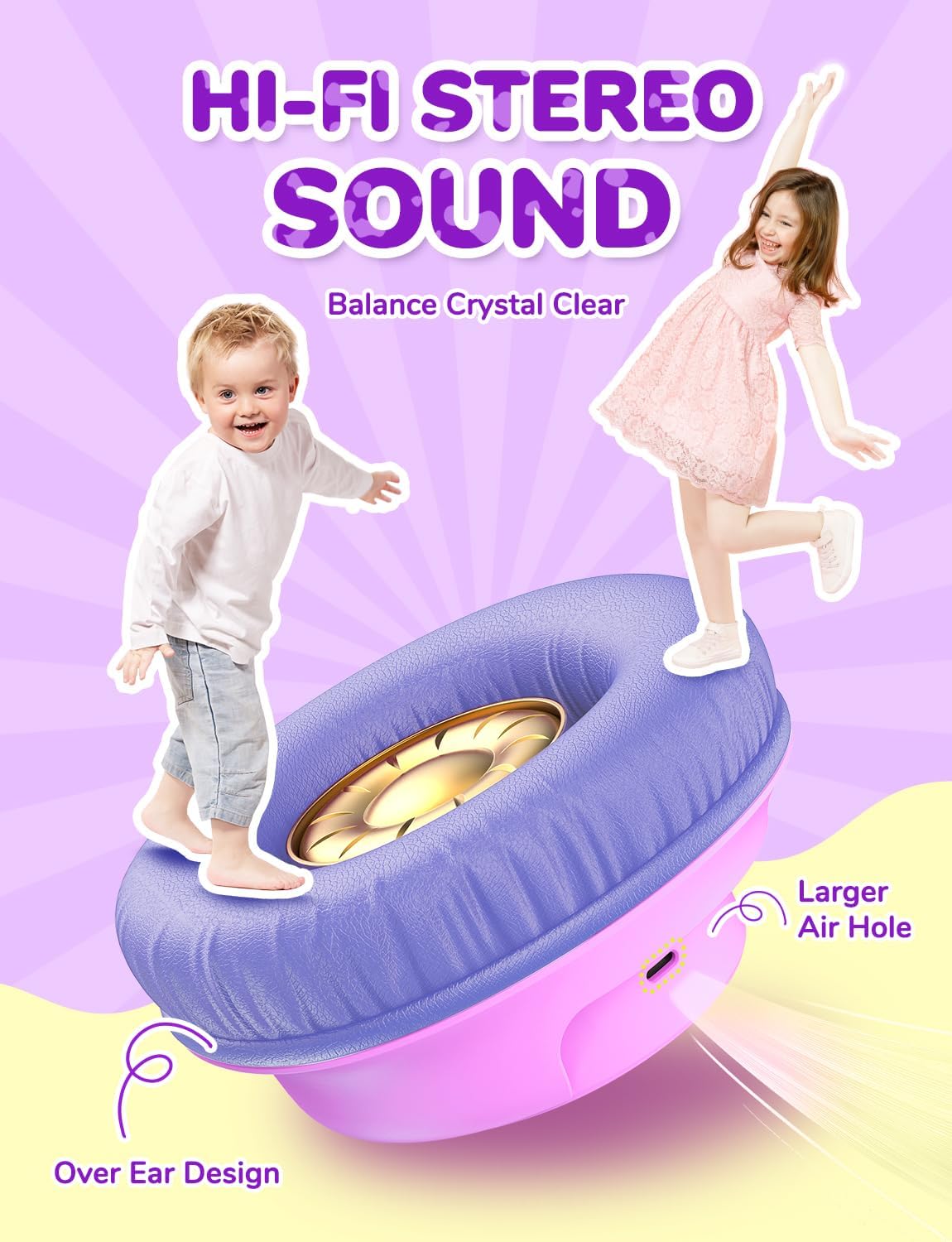 Thumbnail 2 de iClever Bluetooth-Kinderkopfhörer mit LED-Licht, 74/85 dBA Lautstärkebegrenzung & 43 Std. Spielzeit (Type-C, AUX) – Rosa lila