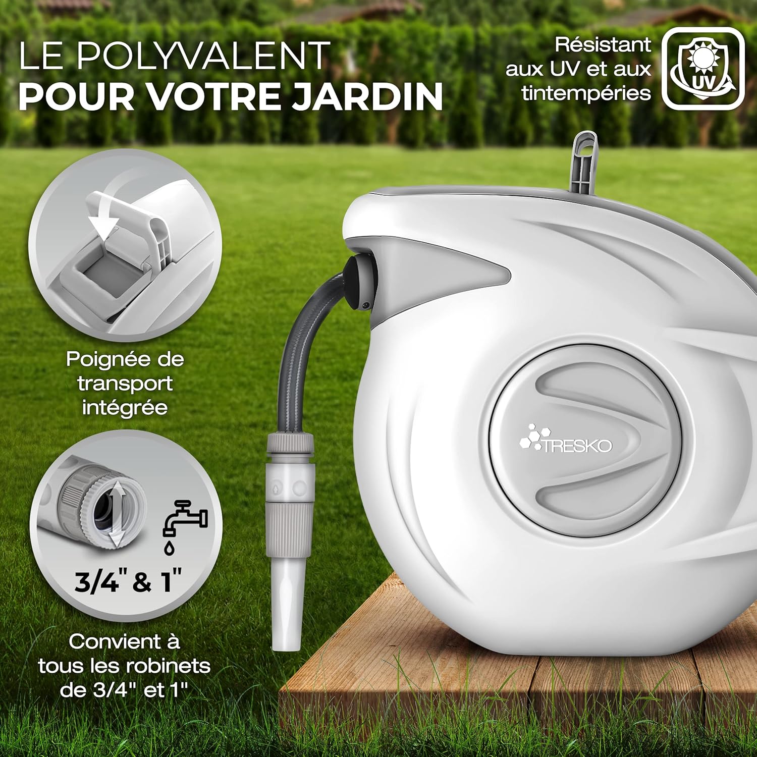 Thumbnail 1 de TRESKO enrouleur de tuyau d’arrosage mural 30 m en PVC – pivotant 180° avec enroulement automatique