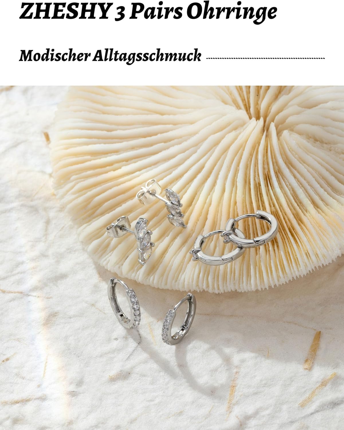 Thumbnail 3 de ZHESHY - Lot de 3 Boucles d'Oreilles Argent 925 Plaqué Or 14K pour Femme - Clous, Créoles Huggi et Pendantes