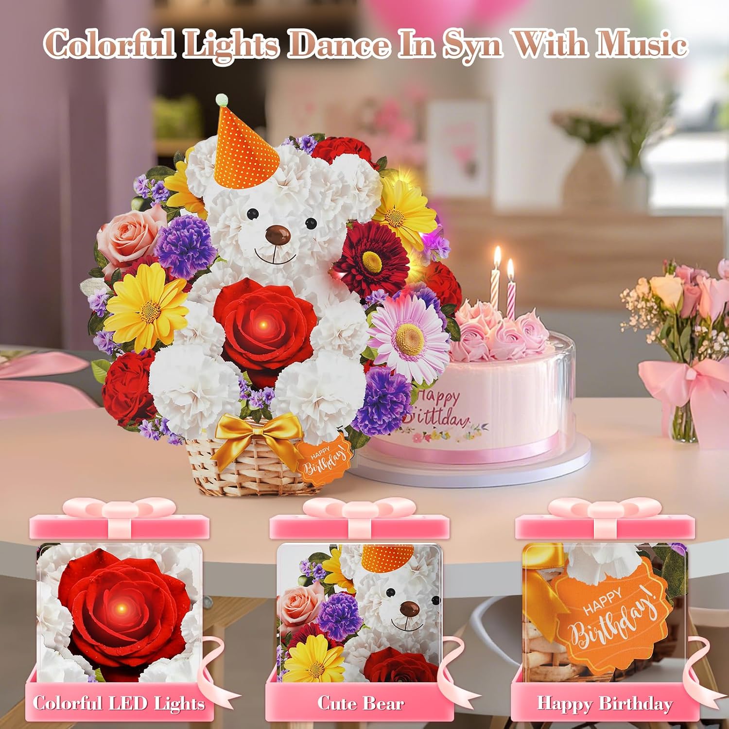 Detalle de WUJUN Bear & Daisy Pop-Up Birthday Card with Music & Lights (10 inch flower bouquet)