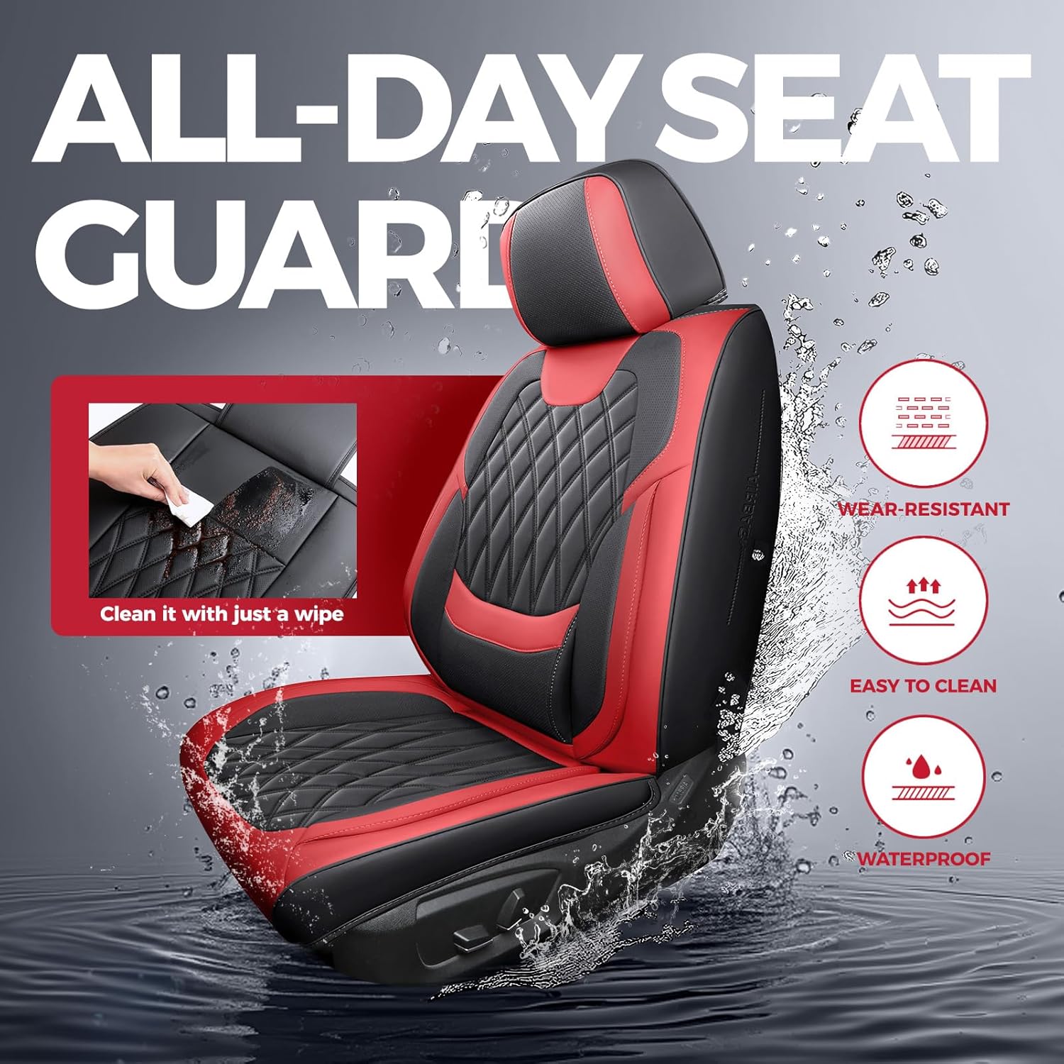 Thumbnail 4 de FREESOO Black Red Car Seat Covers Full Set (Faux Nappa Leatherette) with Lumbar Support